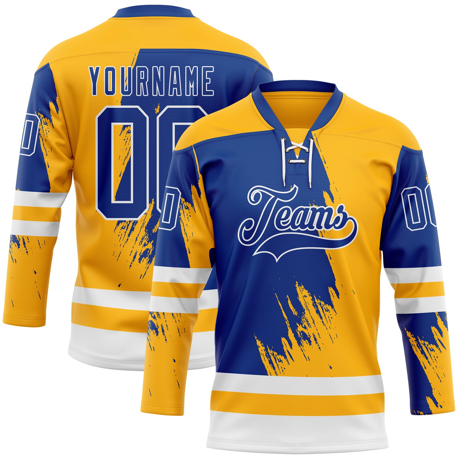 FansIdea Custom Gold Royal-White Abstract Splatter Paint Hockey Lace Neck Jersey - $29.99 at Proof Eyewear