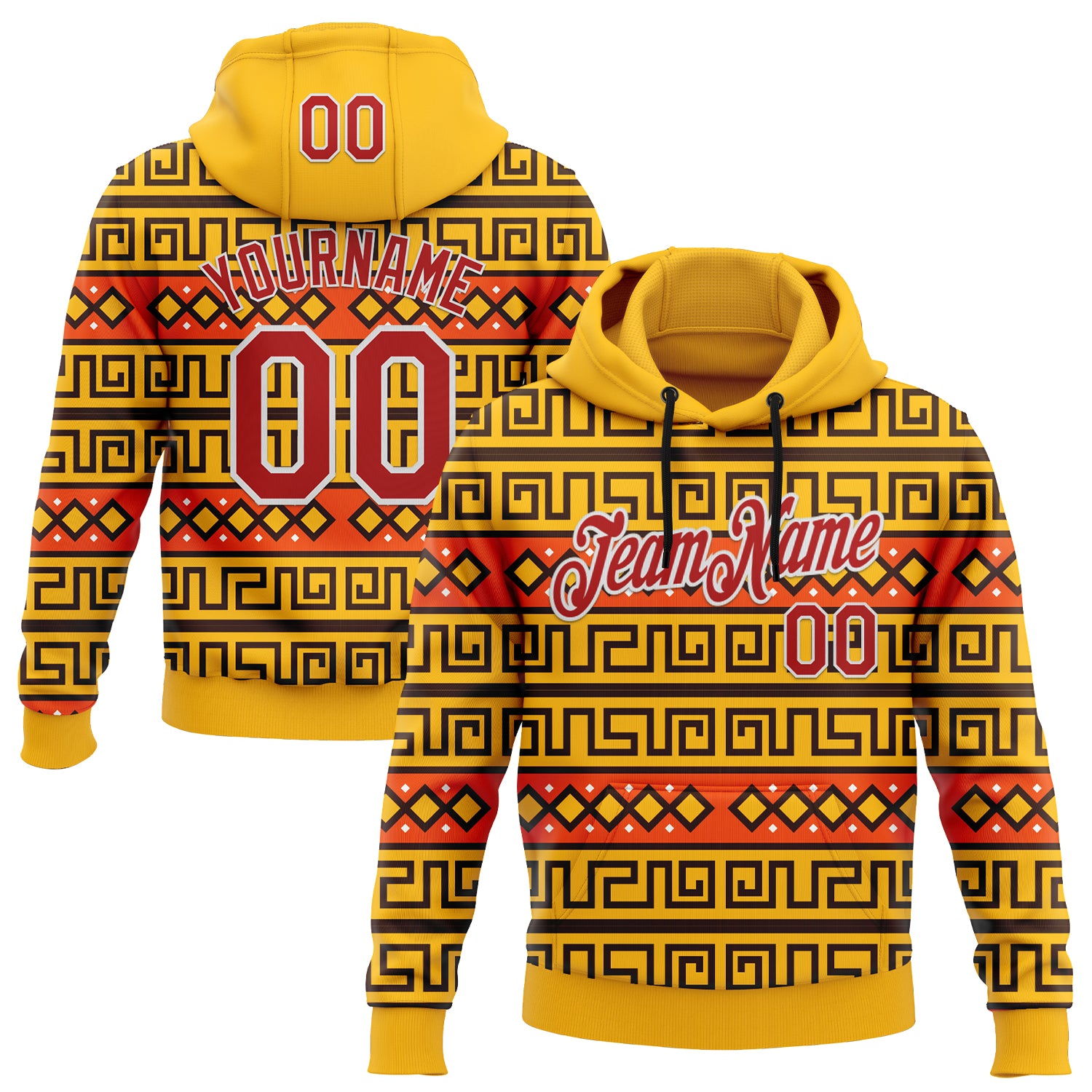 FansIdea Custom Stitched Gold Red-White 3D Pattern Design Tribal Ethnic Native American Sports Pullover Sweatshirt Hoodie - $32.99 at Proof Eyewear