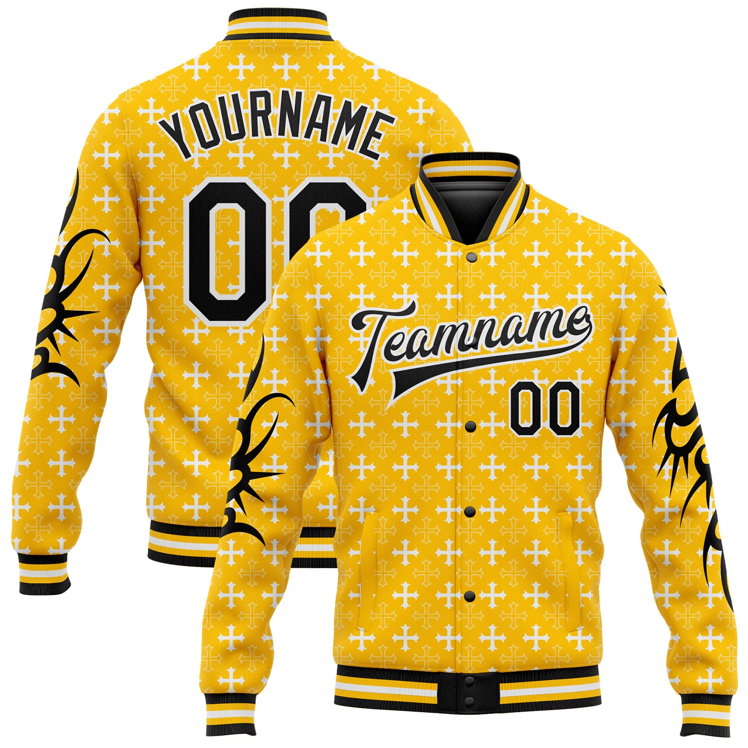 Custom Gold Black-White Gothic Crosses Bomber Full-Snap Varsity Letterman Jacket