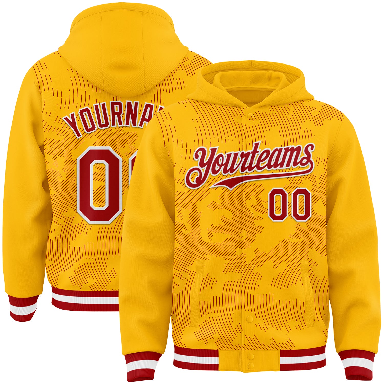 FansIdea Custom Gold Red-White Curve Lines Bomber Full-Snap Varsity Letterman Hoodie Jacket - $38.99 at Proof Eyewear