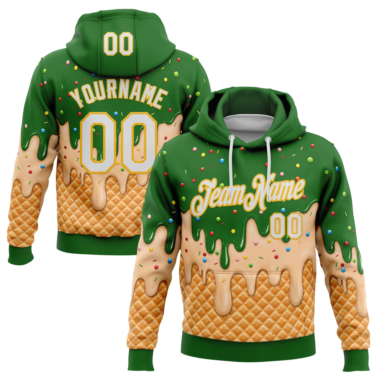 FansIdea Custom Stitched Grass Green White-Gold Ice Cream Waffle Foodie Dessert Pullover Sweatshirt Hoodie - $32.99 at Proof Eyewear