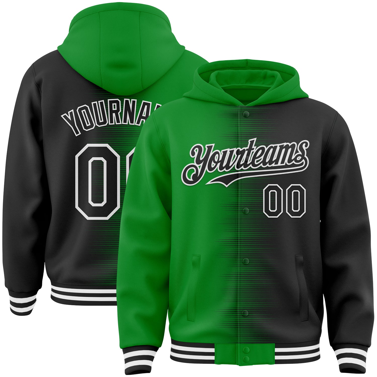 FansIdea Custom Grass Green Black-White Gradient Line Bomber Full-Snap Varsity Letterman Hoodie Jacket - $38.99 at Proof Eyewear