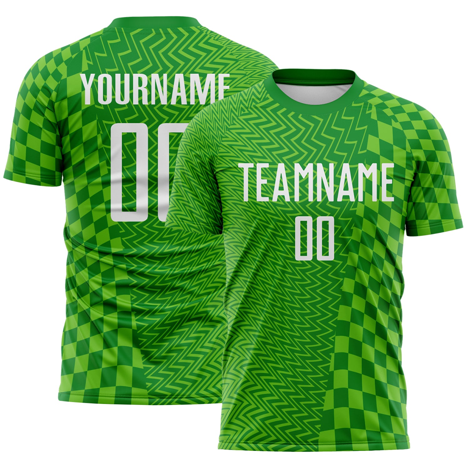 FansIdea Custom Grass Green White-Aurora Green Geometric Patchwork Asymmetry Checkered Zigzag Lines Sublimation Soccer Uniform Jersey - $16.99 at Proof Eyewear