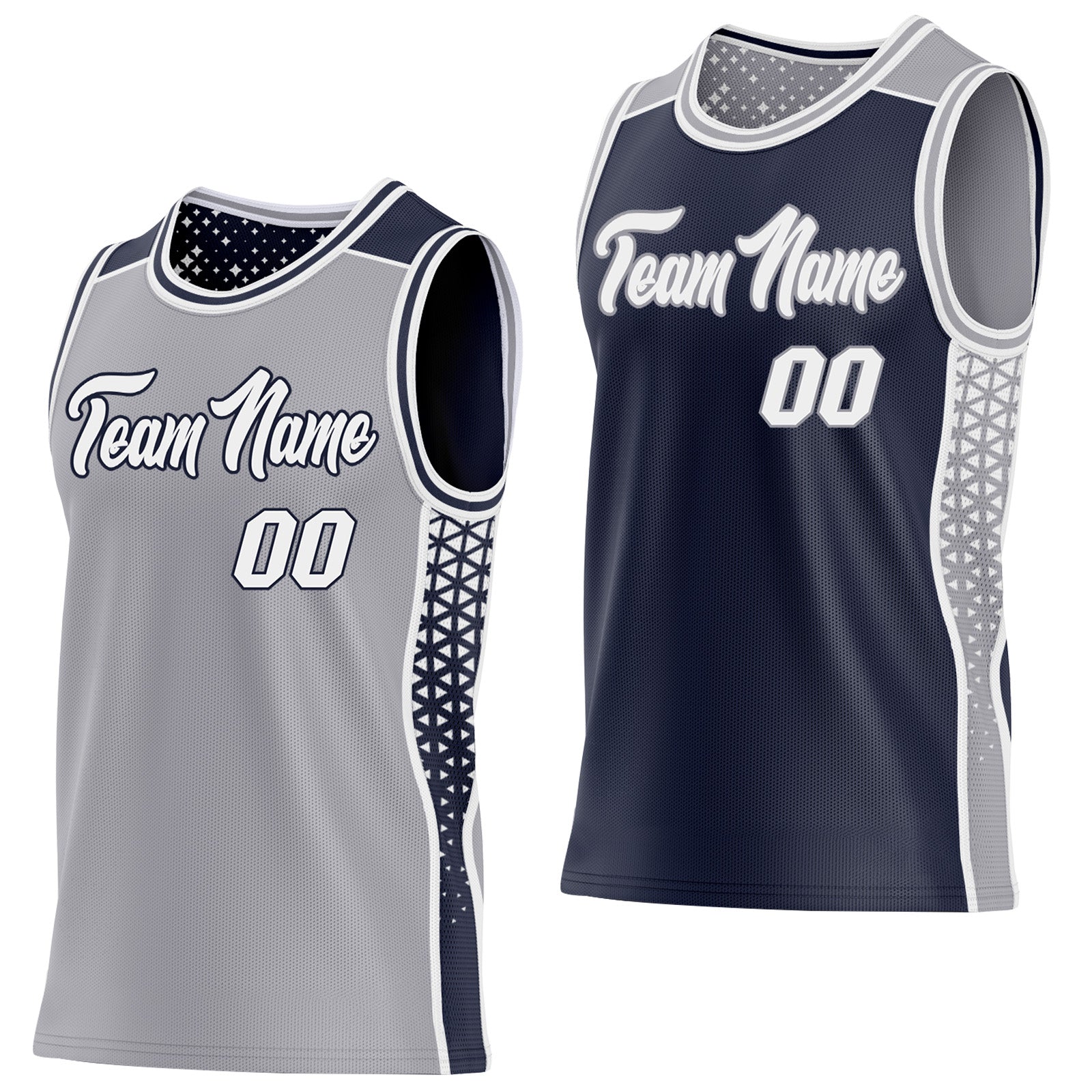 FansIdea Custom Gray White-Navy Side Panel Stripe Geometric Triangle Gradient Dot Reversible Double Side Sublimation Basketball Set Jersey - $17.99 at Proof Eyewear