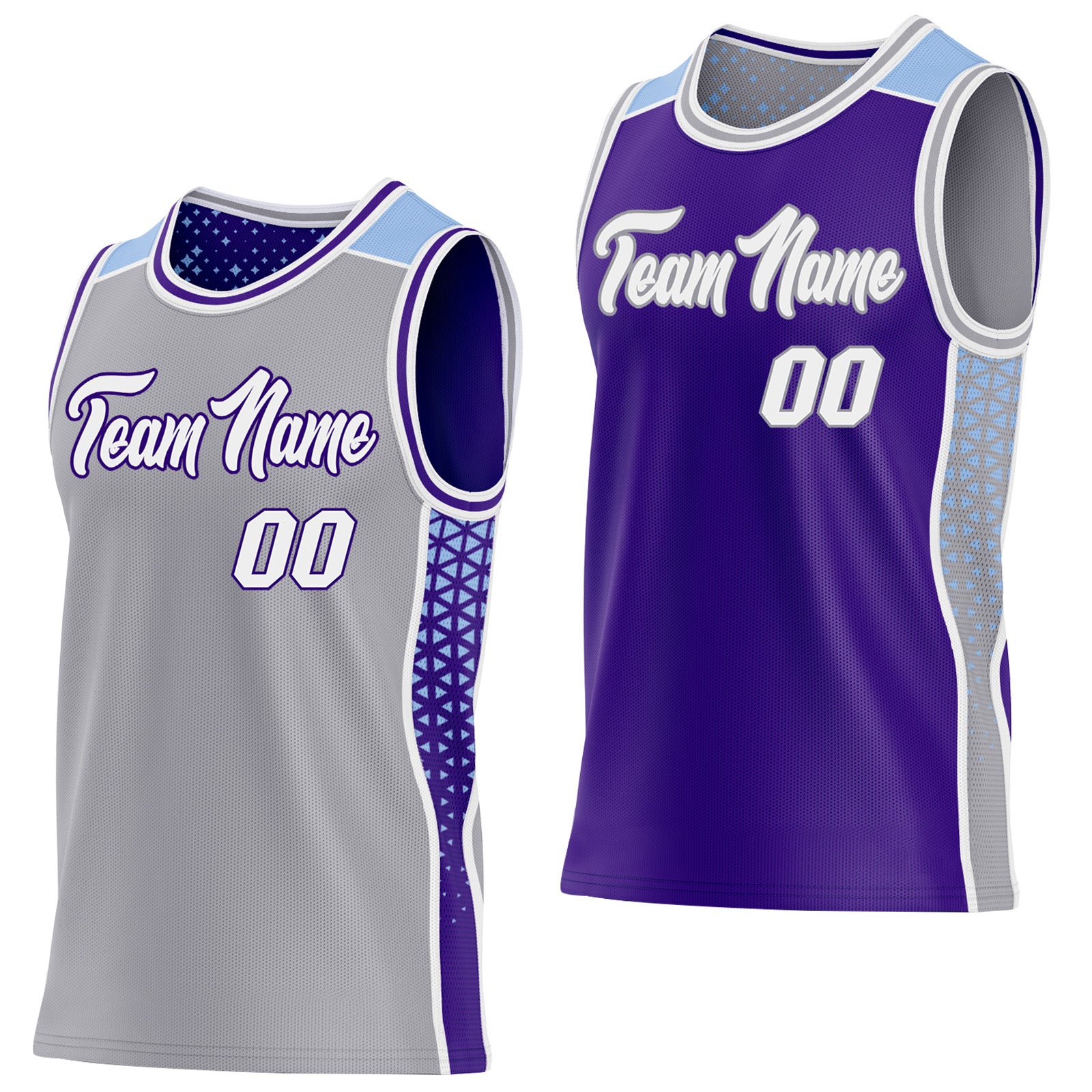 FansIdea Custom Gray White Purple-Light Blue Side Panel Stripe Geometric Triangle Gradient Dot Reversible Double Side Sublimation Basketball Set Jersey - $17.99 at Proof Eyewear