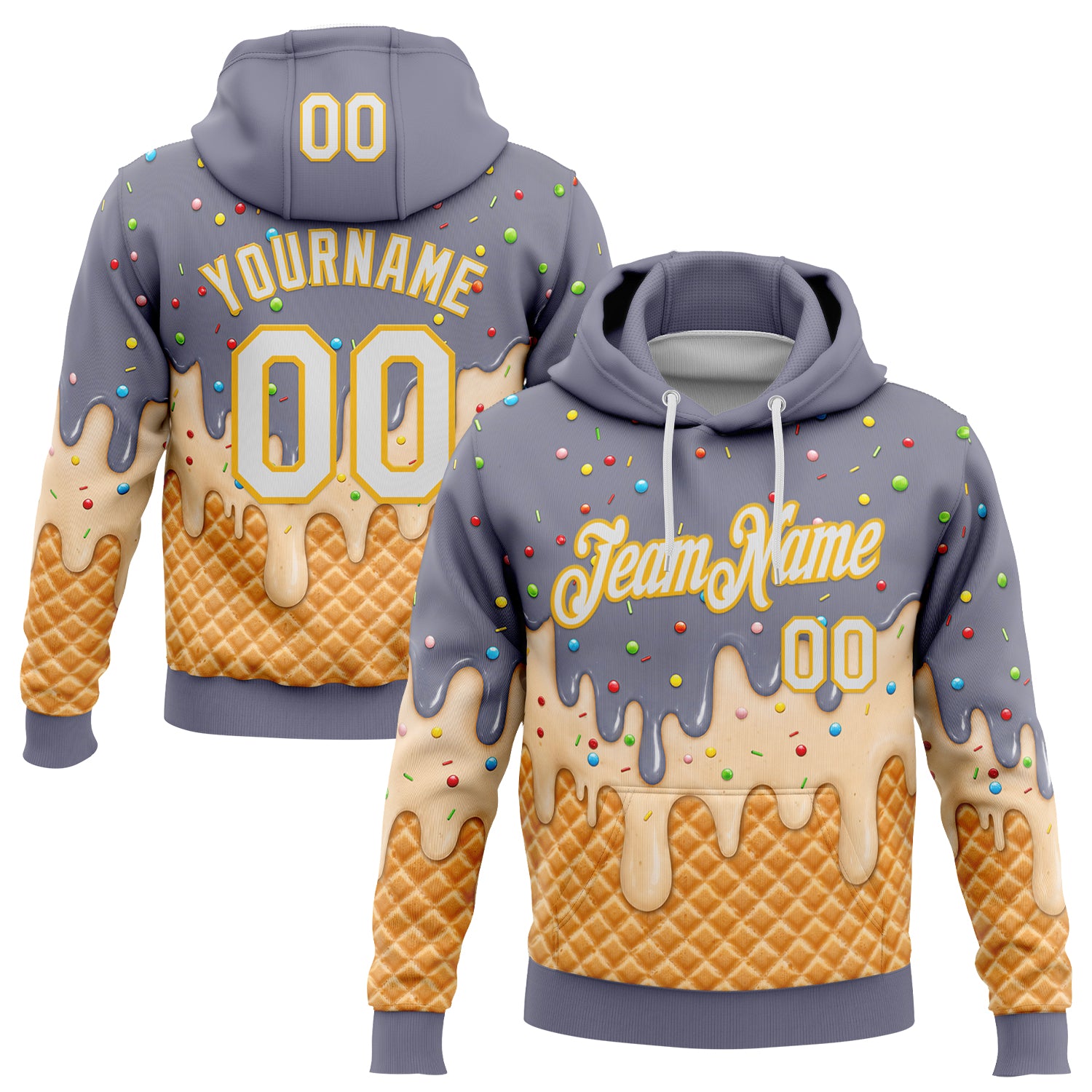 FansIdea Custom Stitched Gray White-Gold Ice Cream Waffle Foodie Dessert Pullover Sweatshirt Hoodie - $32.99 at Proof Eyewear