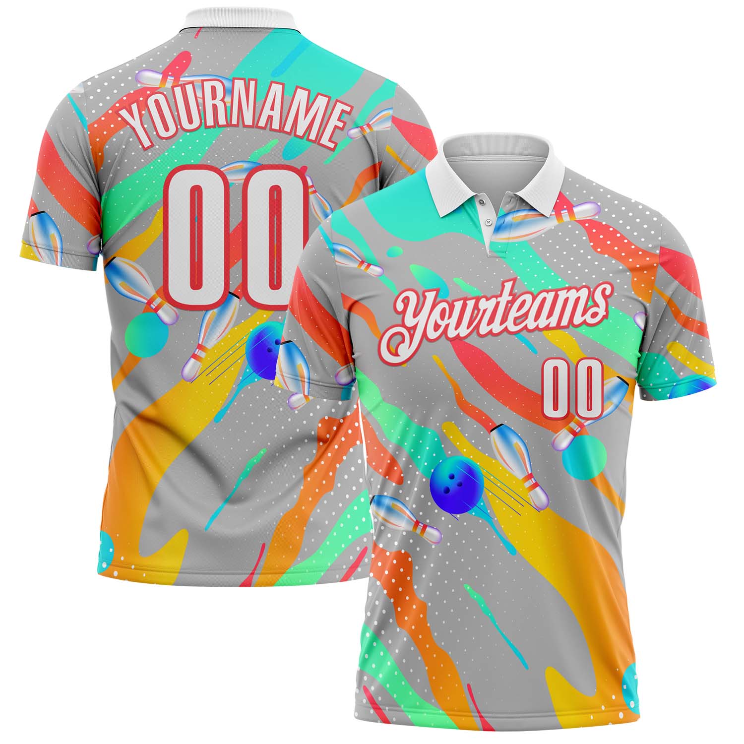 FansIdea Custom Gray White Green Yellow-Red Bowling Fluid Liquid Performance Polo Shirt - $19.99 at Proof Eyewear