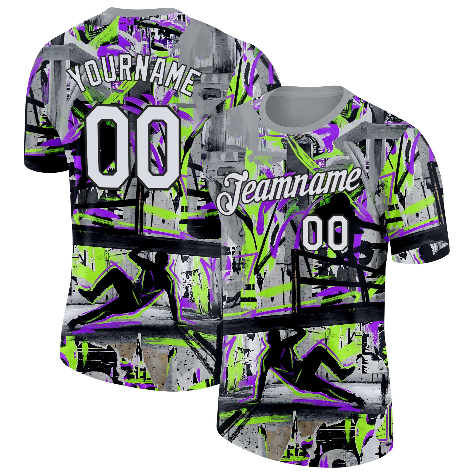 FansIdea Custom Gray White Purple Green-Black Parkour Streetwear Graffiti Performance T-Shirt - $14.99 at Proof Eyewear