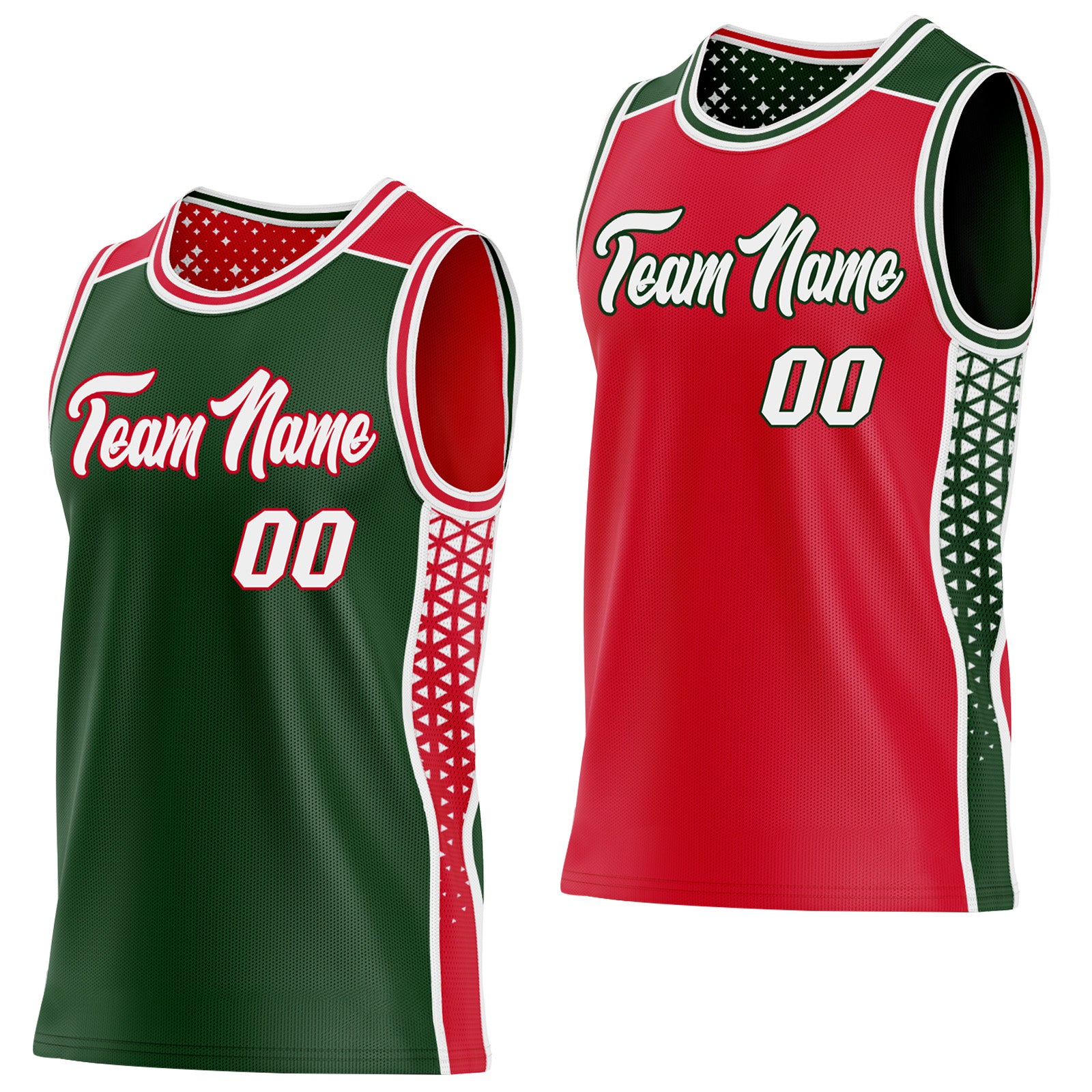 FansIdea Custom Green White-Red Side Panel Stripe Geometric Triangle Gradient Dot Reversible Double Side Sublimation Basketball Set Jersey - $17.99 at Proof Eyewear