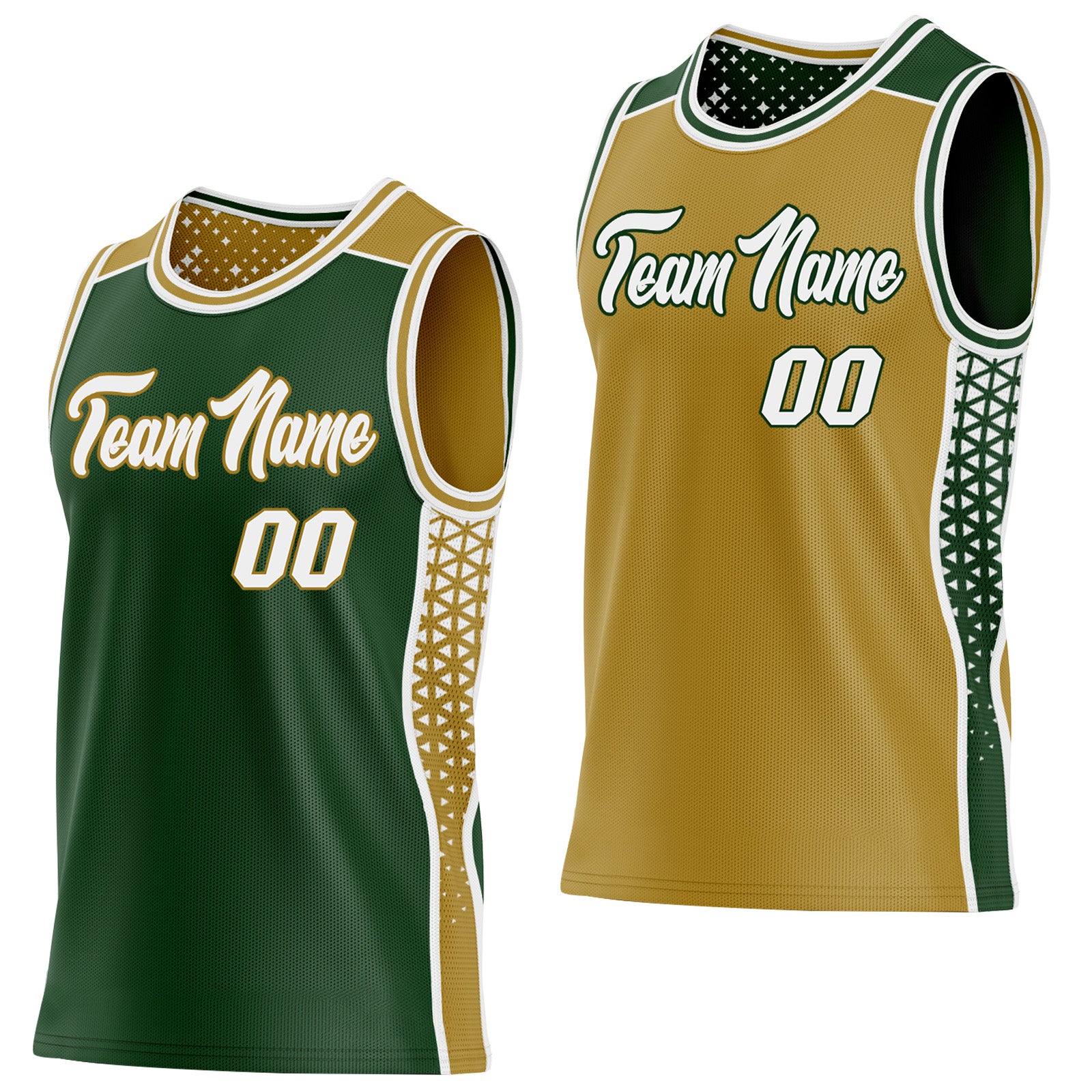 FansIdea Custom Green White-Old Gold Side Panel Stripe Geometric Triangle Gradient Dot Reversible Double Side Sublimation Basketball Set Jersey - $17.99 at Proof Eyewear