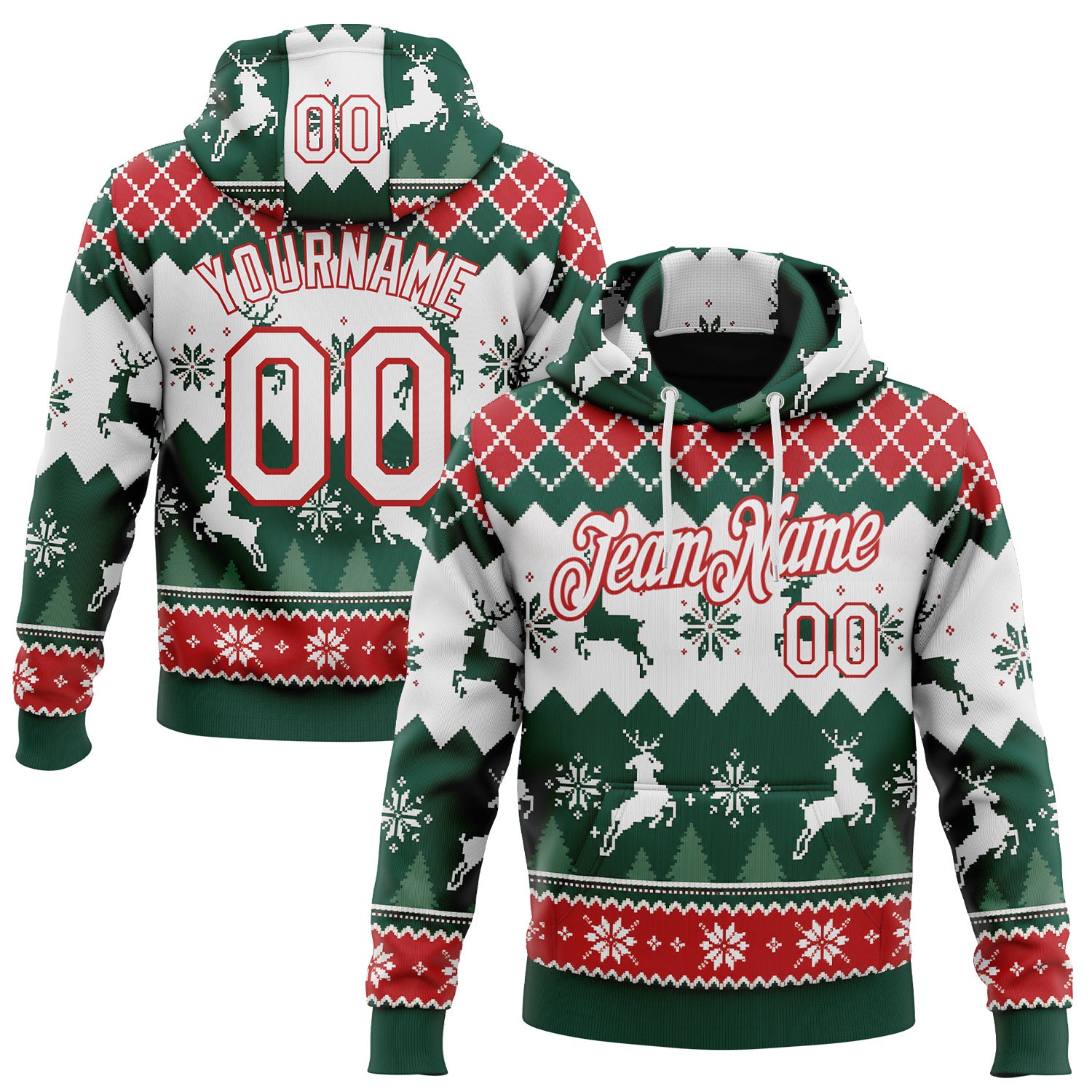 FansIdea Custom Green White-Red Christmas Retro Reindeer Pullover Sweatshirt Hoodie - $32.99 at Proof Eyewear