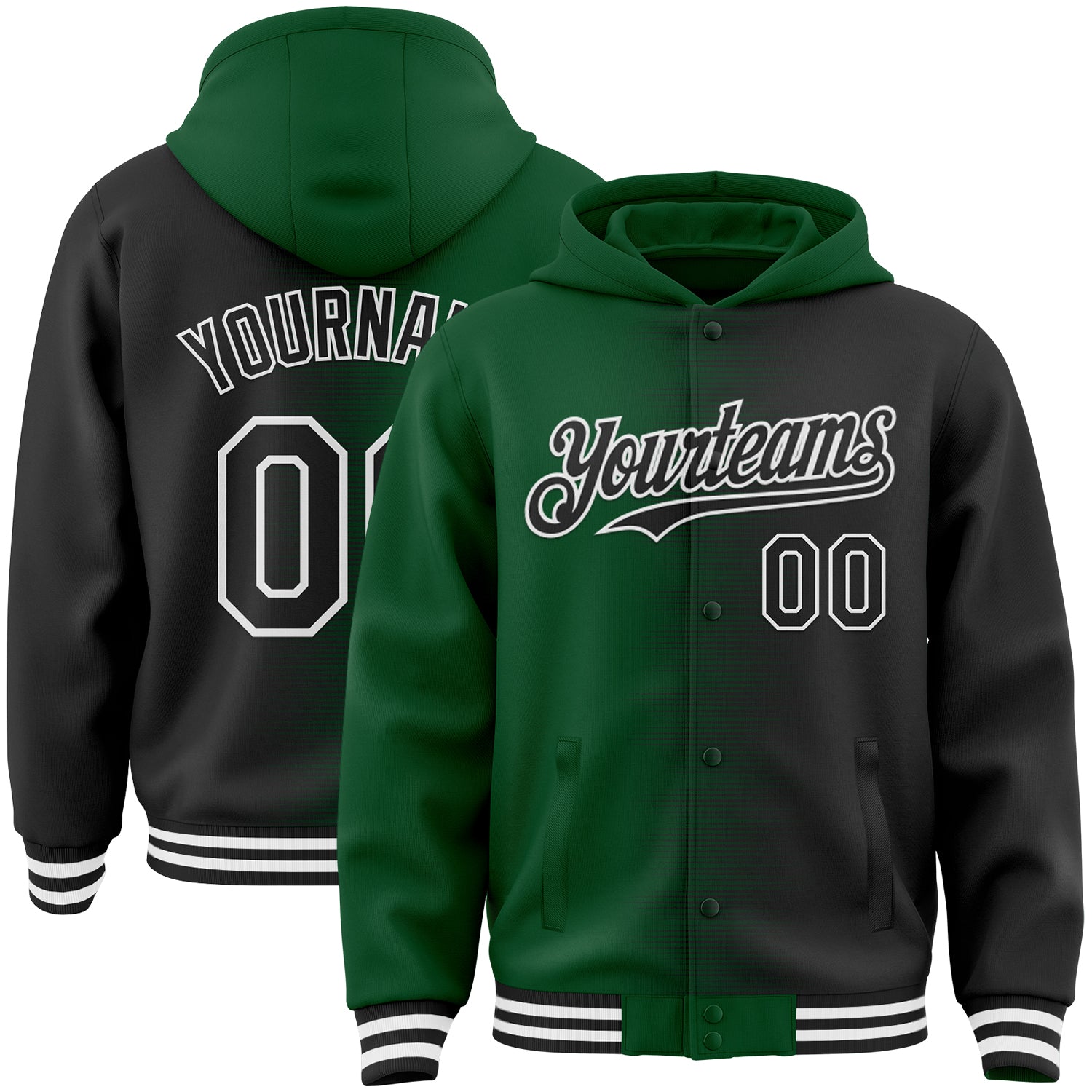 FansIdea Custom Green Black-White Gradient Line Bomber Full-Snap Varsity Letterman Hoodie Jacket - $38.99 at Proof Eyewear