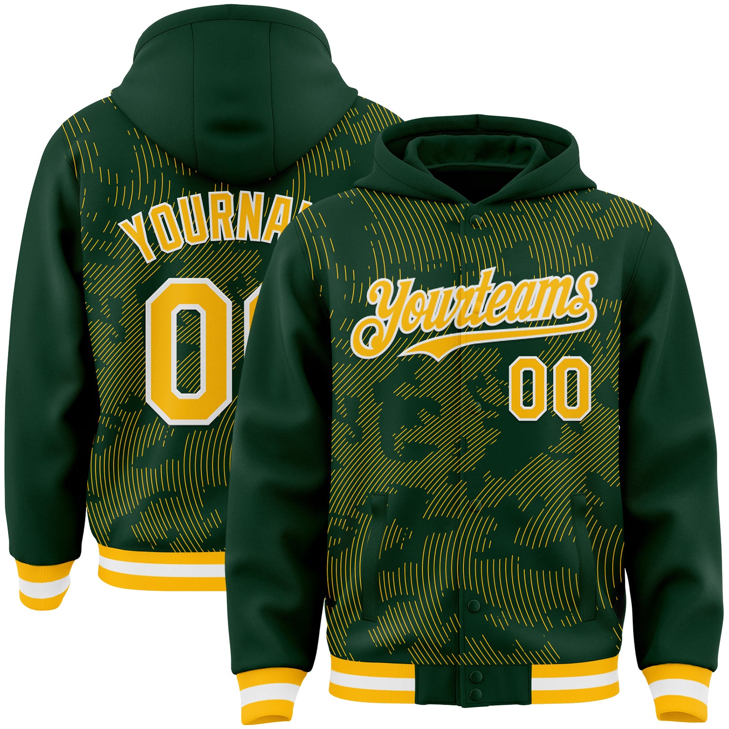 FansIdea Custom Green Gold-White Curve Lines Bomber Full-Snap Varsity Letterman Hoodie Jacket - $38.99 at Proof Eyewear