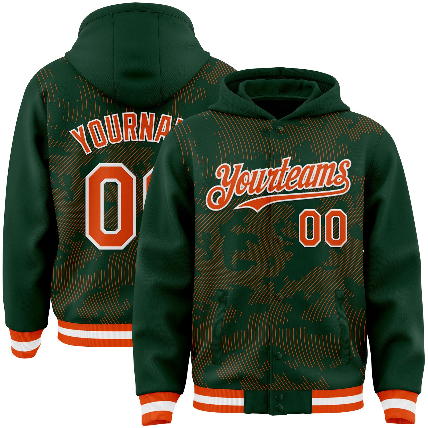 FansIdea Custom Green Orange-White Curve Lines Bomber Full-Snap Varsity Letterman Hoodie Jacket - $38.99 at Proof Eyewear