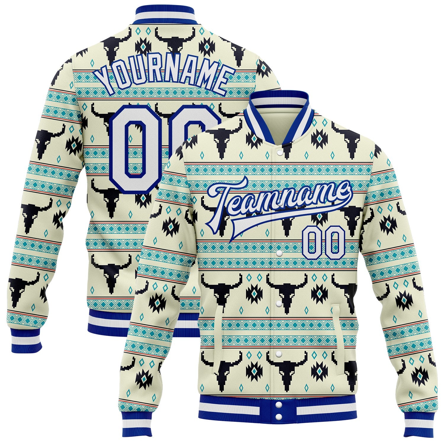 FansIdea Custom Green White-Royal Western Cow Skull Aztec Bomber Full-Snap Varsity Letterman Jacket - $38.99 at Proof Eyewear