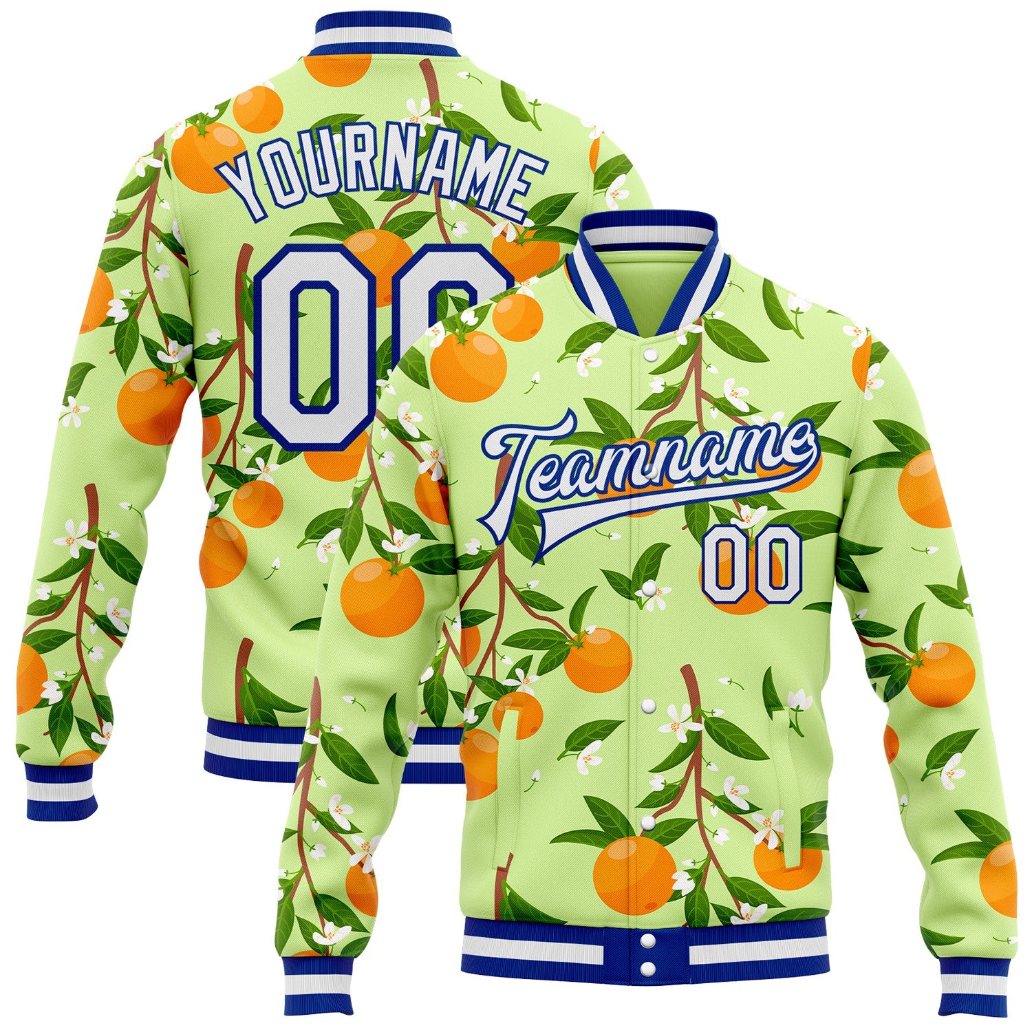 FansIdea Custom Green White-Royal Florida State Flower Orange Blossom Bomber Full-Snap Varsity Letterman Jacket - $38.99 at Proof Eyewear