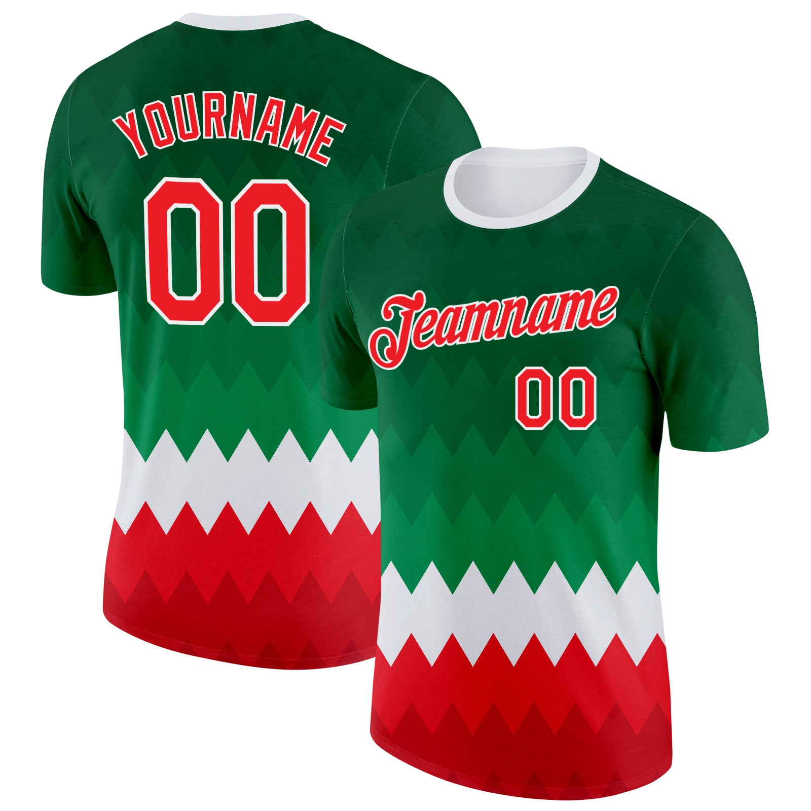 FansIdea Custom Green Red-White Italy Geometric Shape Soccer Jersey Performance T-Shirt - $14.99 at Proof Eyewear