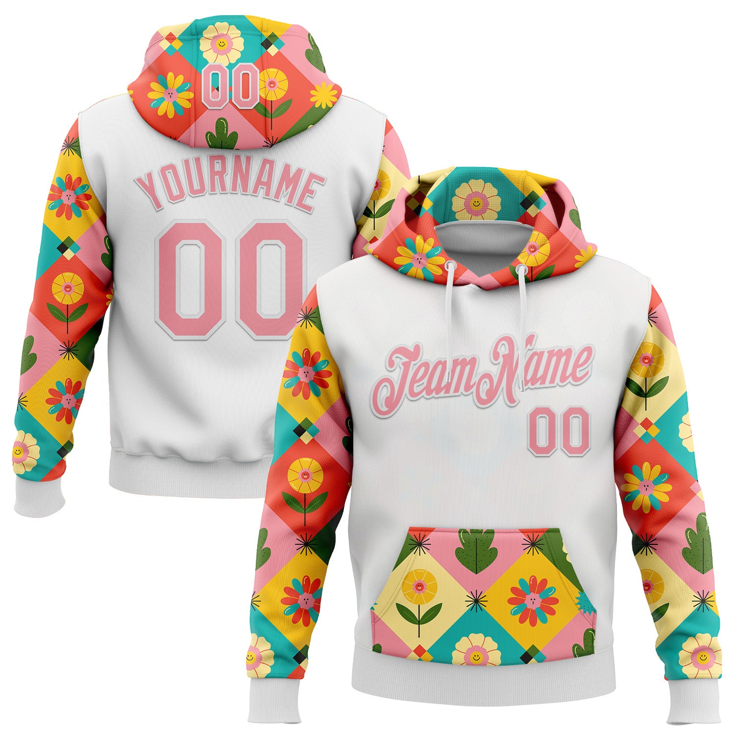 Custom Stitched White Medium Pink 3D Ambartive Checkered Flower Pattern Sports Pullover Sweatshirt Hoodie