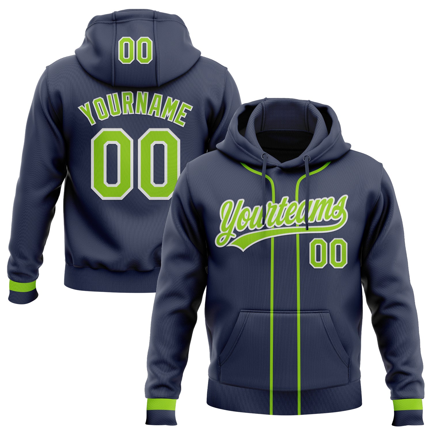 FansIdea Custom Stitched Navy Neon Green-White Baseball Pullover Sweatshirt Hoodie - $29.99 at Proof Eyewear