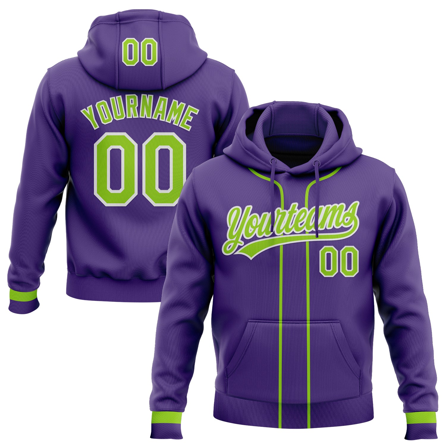 FansIdea Custom Stitched Purple Neon Green-White Baseball Pullover Sweatshirt Hoodie - $29.99 at Proof Eyewear
