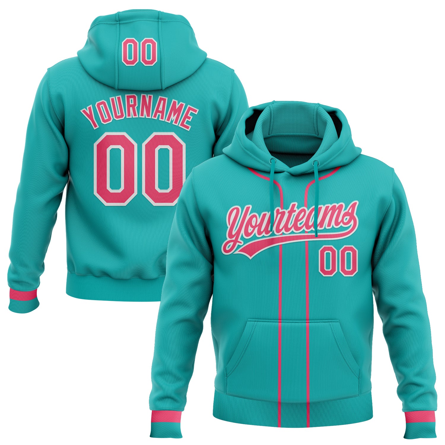 FansIdea Custom Stitched Aqua Neon Pink-White Baseball Pullover Sweatshirt Hoodie - $29.99 at Proof Eyewear