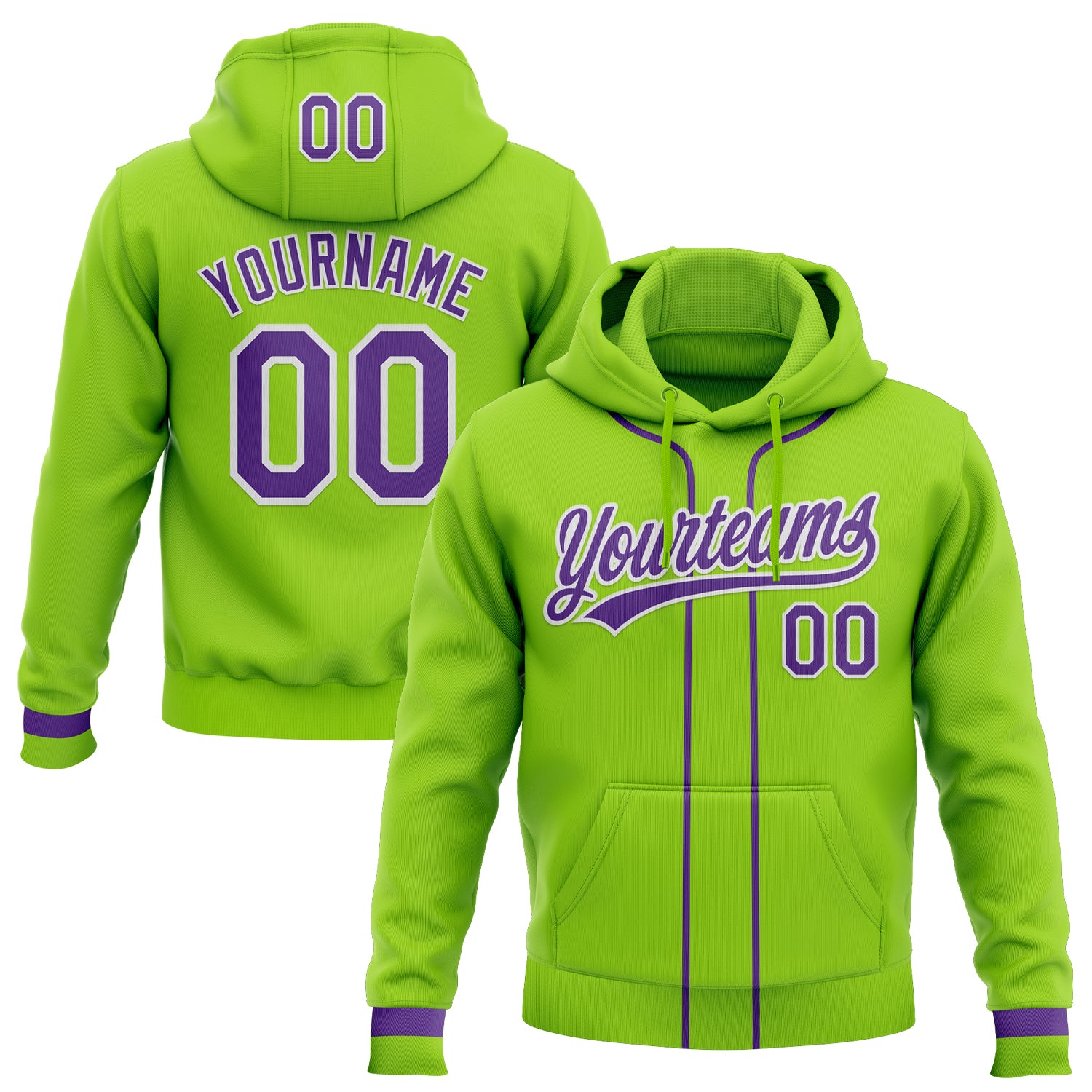 FansIdea Custom Stitched Neon Green Purple-White Baseball Pullover Sweatshirt Hoodie - $29.99 at Proof Eyewear