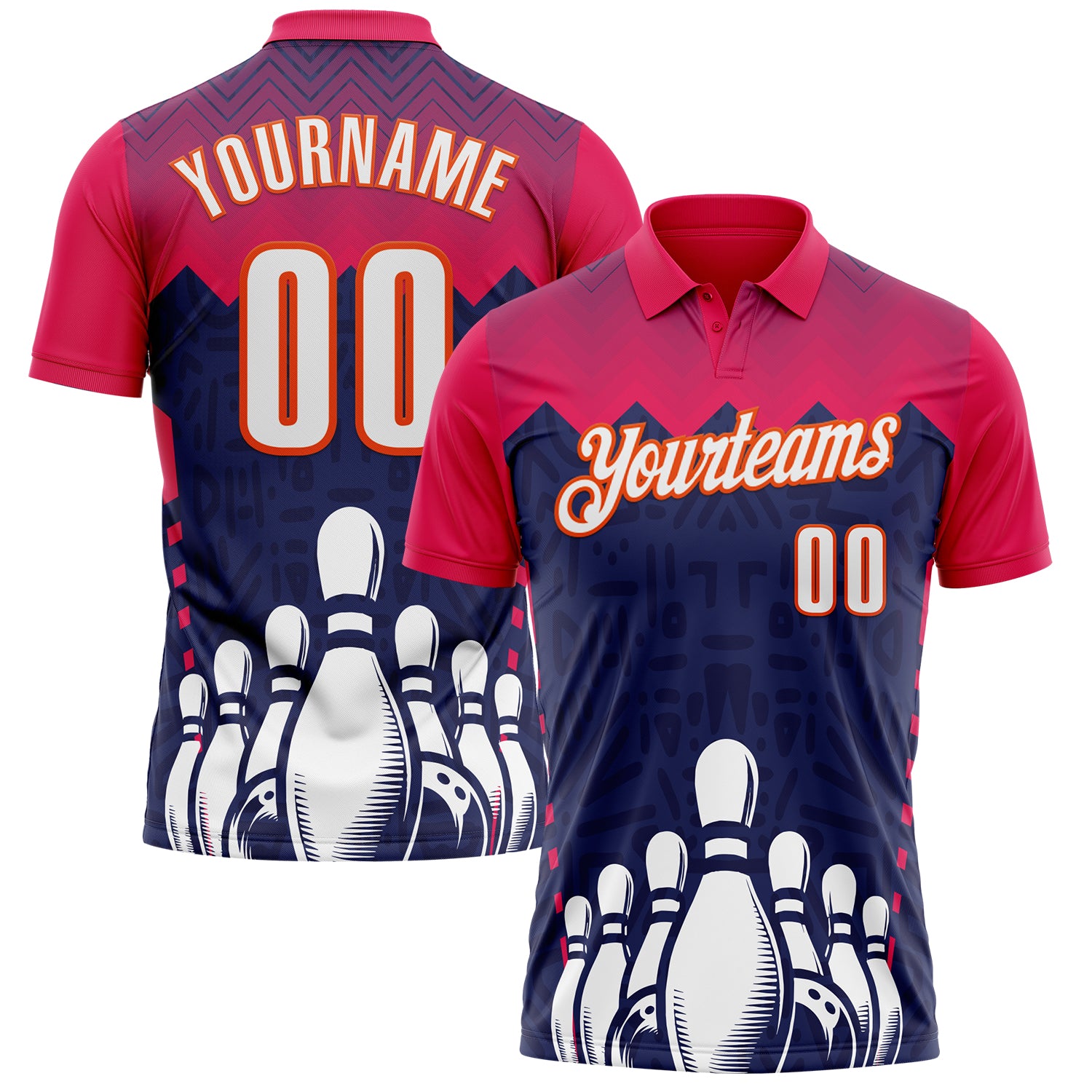 FansIdea Custom Hot Pink White Navy-Orange Bowling Ball And Pins Strike Performance Polo Shirt - $19.99 at Proof Eyewear