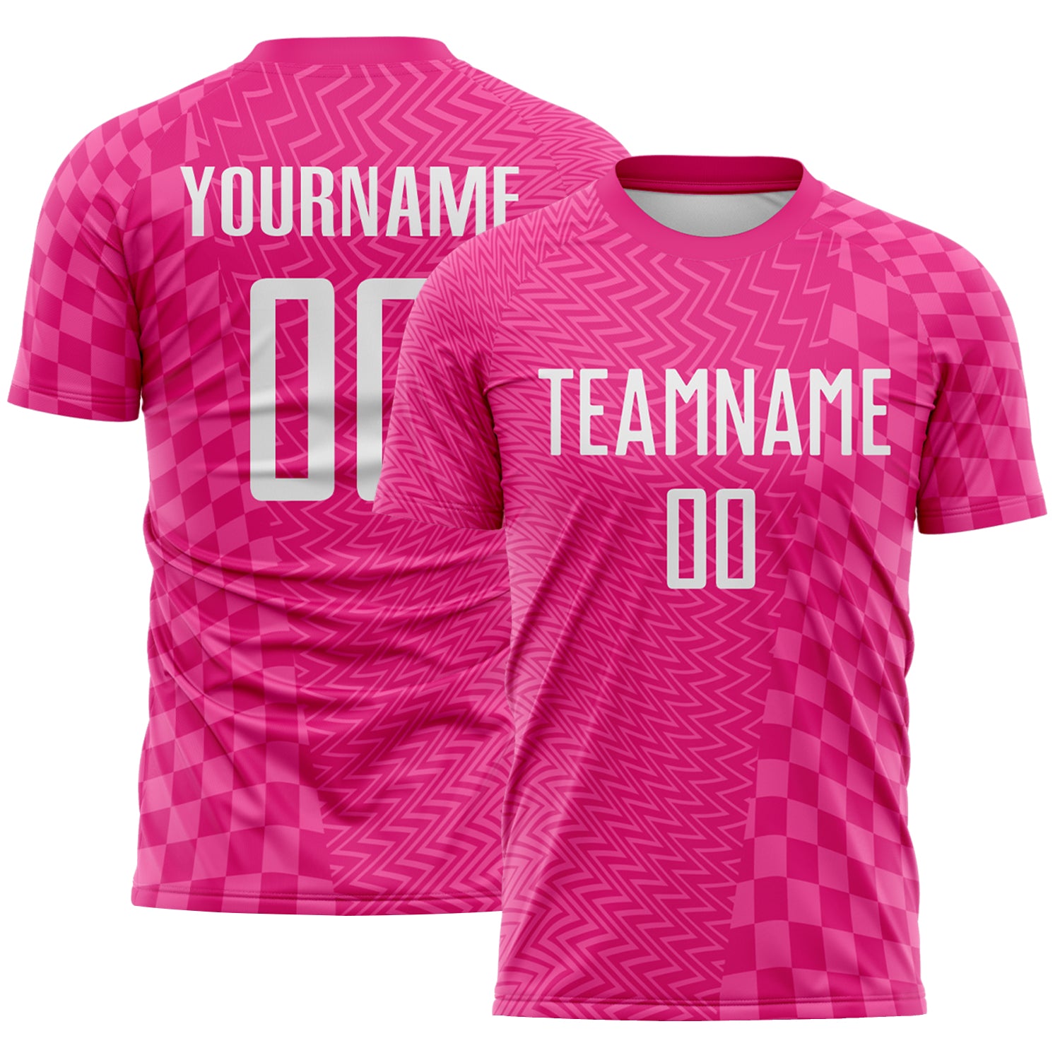FansIdea Custom Hot Pink-White Geometric Patchwork Asymmetry Checkered Zigzag Lines Sublimation Soccer Uniform Jersey - $16.99 at Proof Eyewear