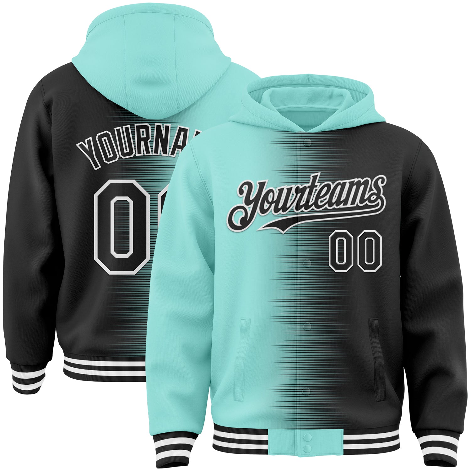 FansIdea Custom Ice Blue Black-White Gradient Line Bomber Full-Snap Varsity Letterman Hoodie Jacket - $38.99 at Proof Eyewear