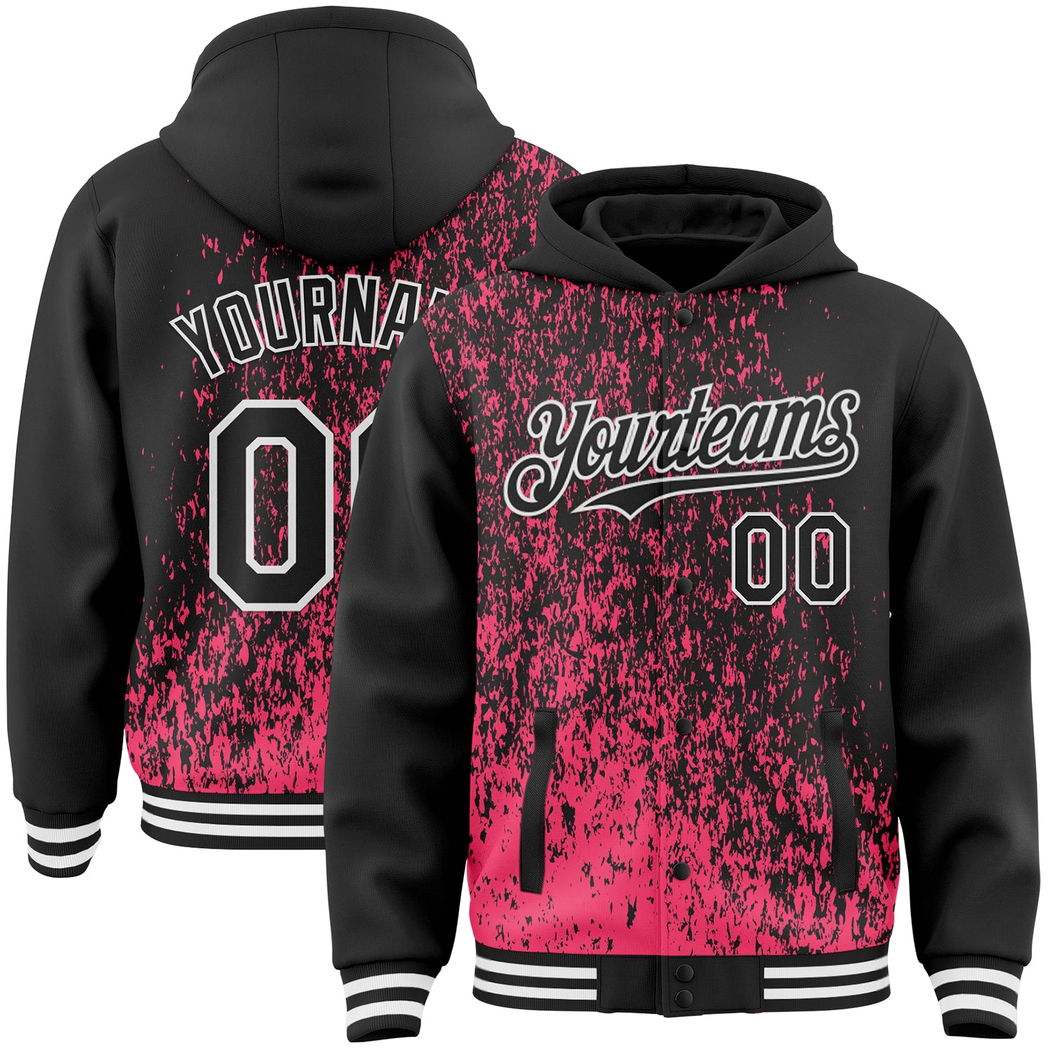 FansIdea Custom Neon Pink Black-White Abstract Fragment Art 3D Pattern Design Bomber Full-Snap Varsity Letterman Hoodie Jacket - $38.99 at Proof Eyewear