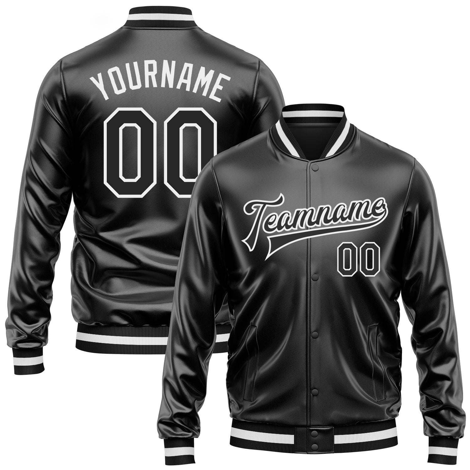Custom Black Black-White Bomber Full-Snap Varsity Faux Leather Letterman Jacket