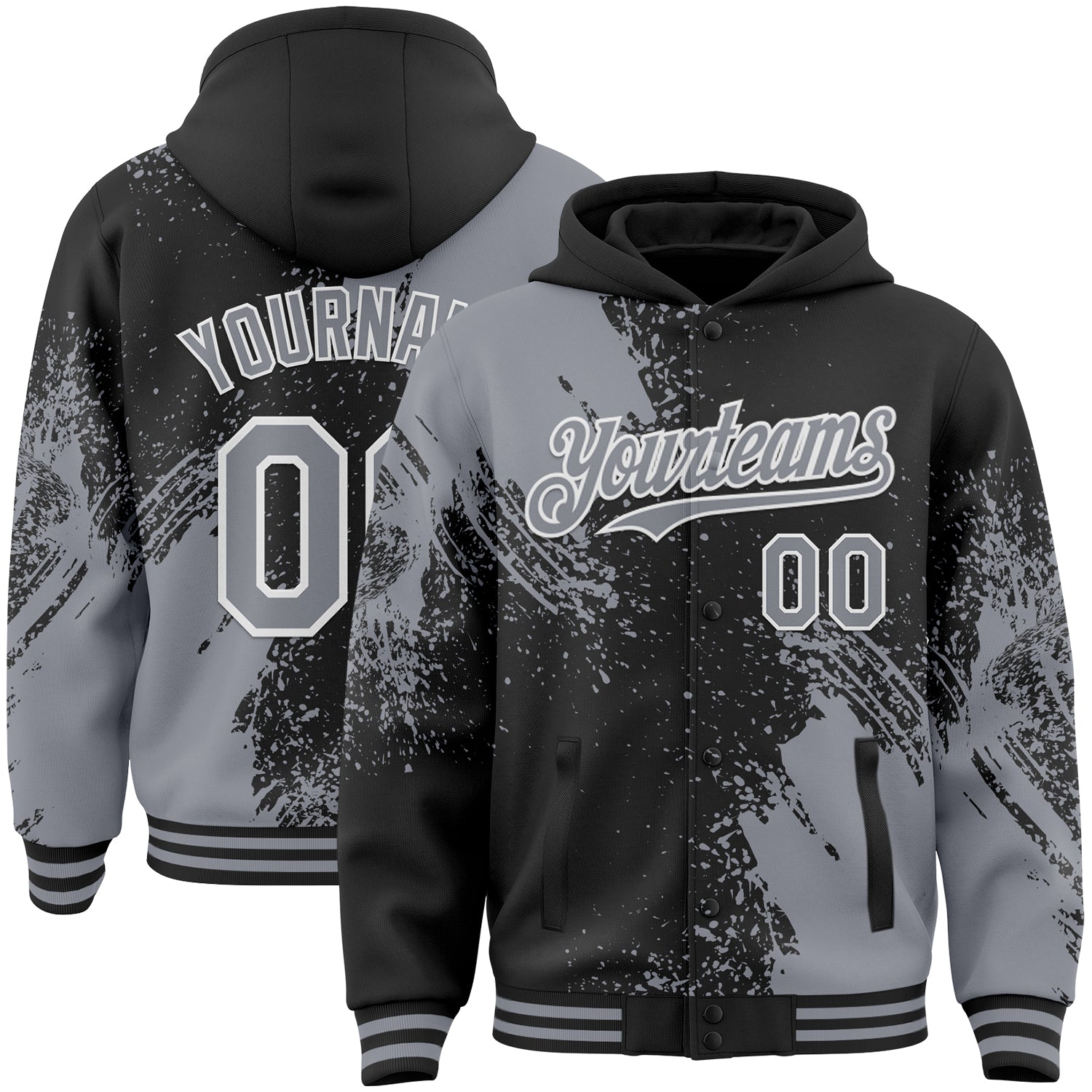 Custom Black Gray-White Abstract Brush Stroke 3D Pattern Design Bomber Full-Snap Varsity Letterman Hoodie Jacket