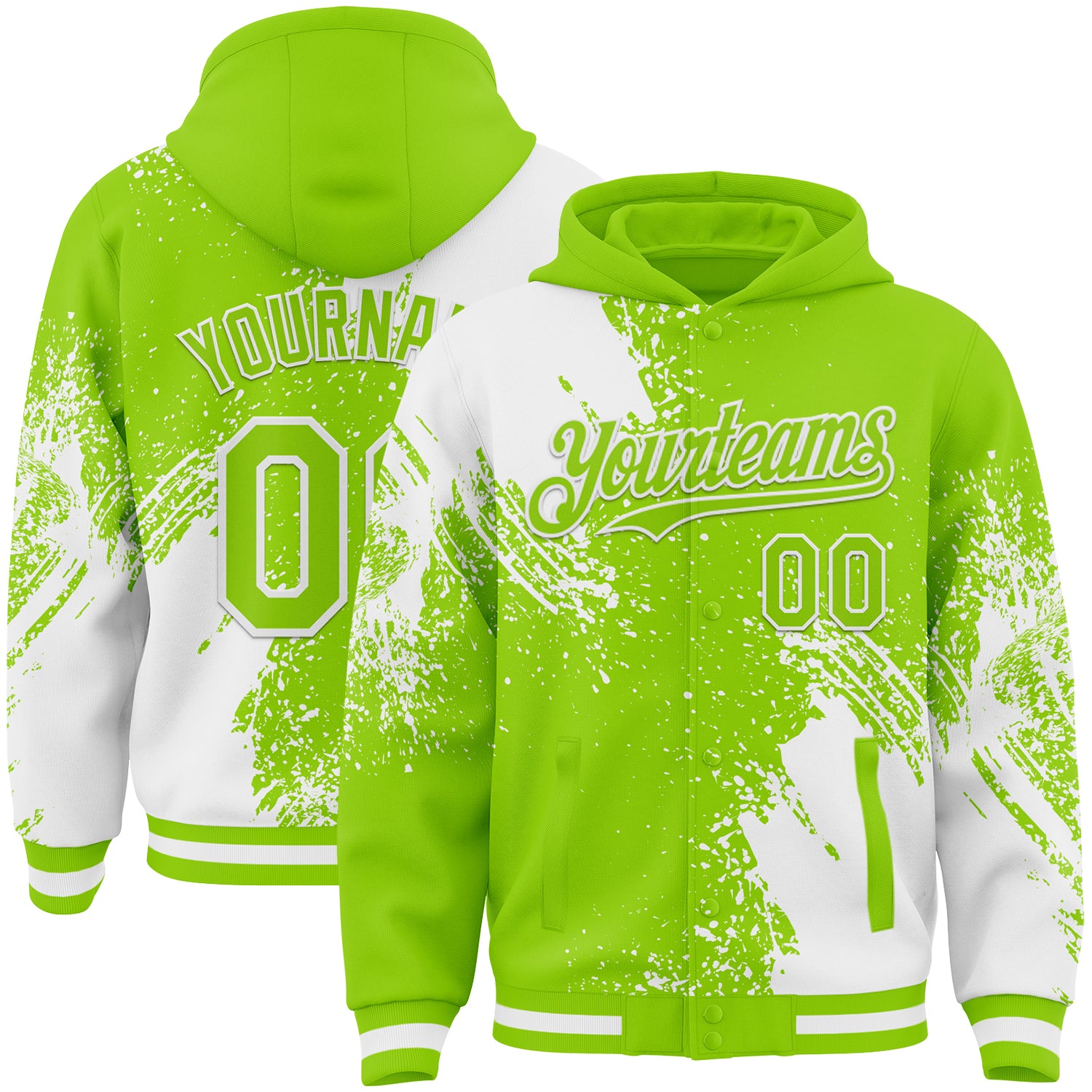 FansIdea Custom Neon Green White Abstract Brush Stroke 3D Pattern Design Bomber Full-Snap Varsity Letterman Hoodie Jacket - $38.99 at Proof Eyewear