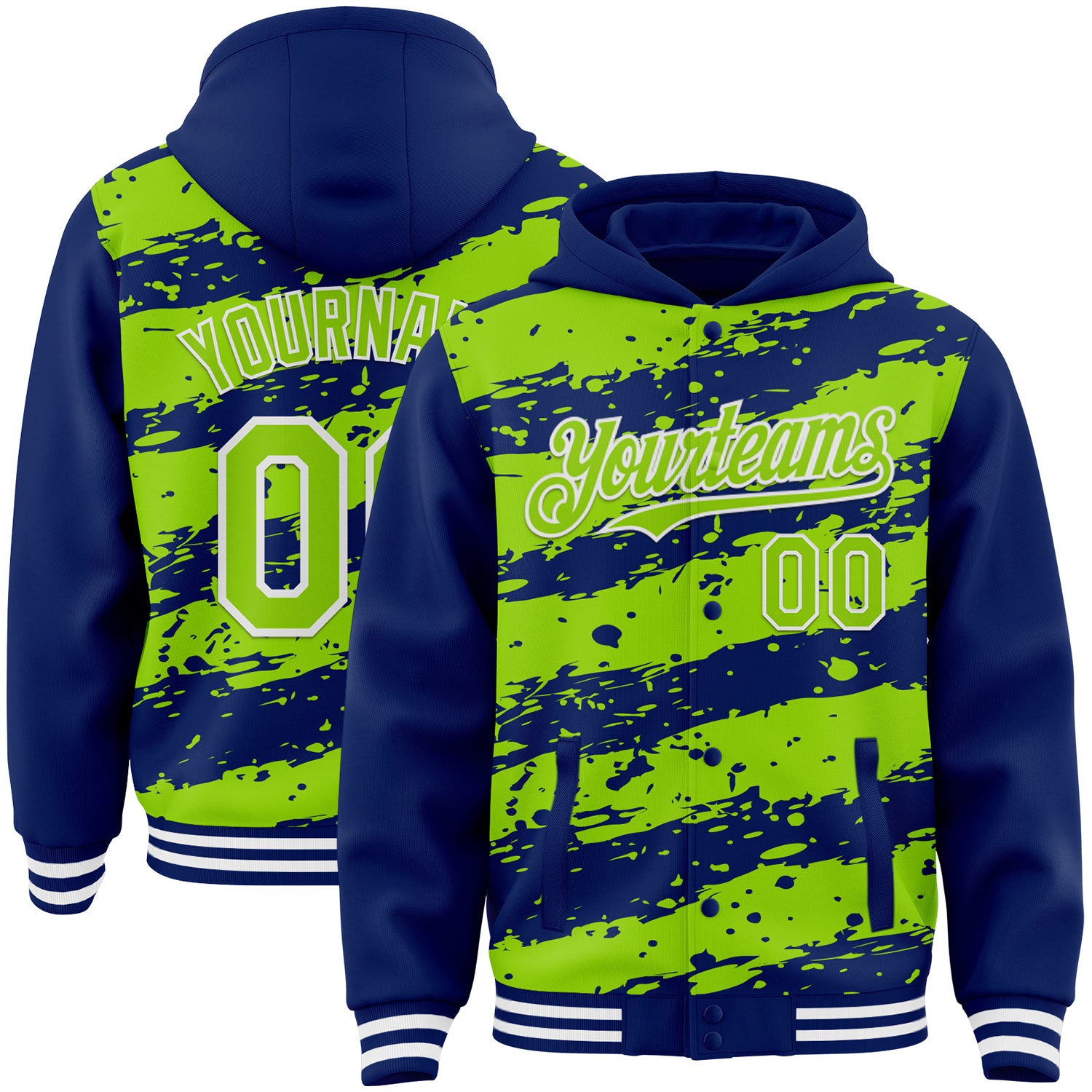 FansIdea Custom Royal Neon Green-White Splash 3D Pattern Design Bomber Full-Snap Varsity Letterman Hoodie Jacket - $38.99 at Proof Eyewear