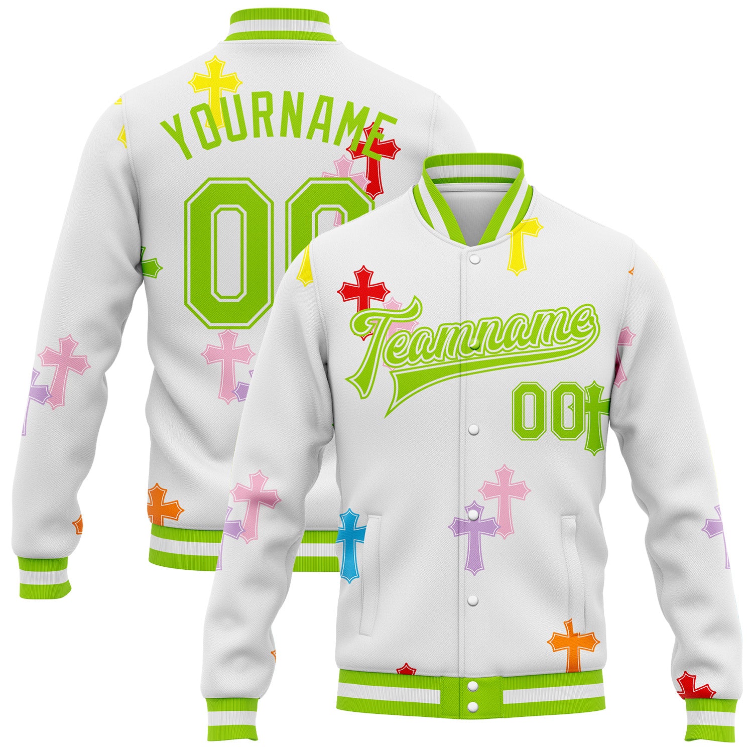 Custom White Neon Green Gothic Crosses Bomber Full-Snap Varsity Letterman Jacket