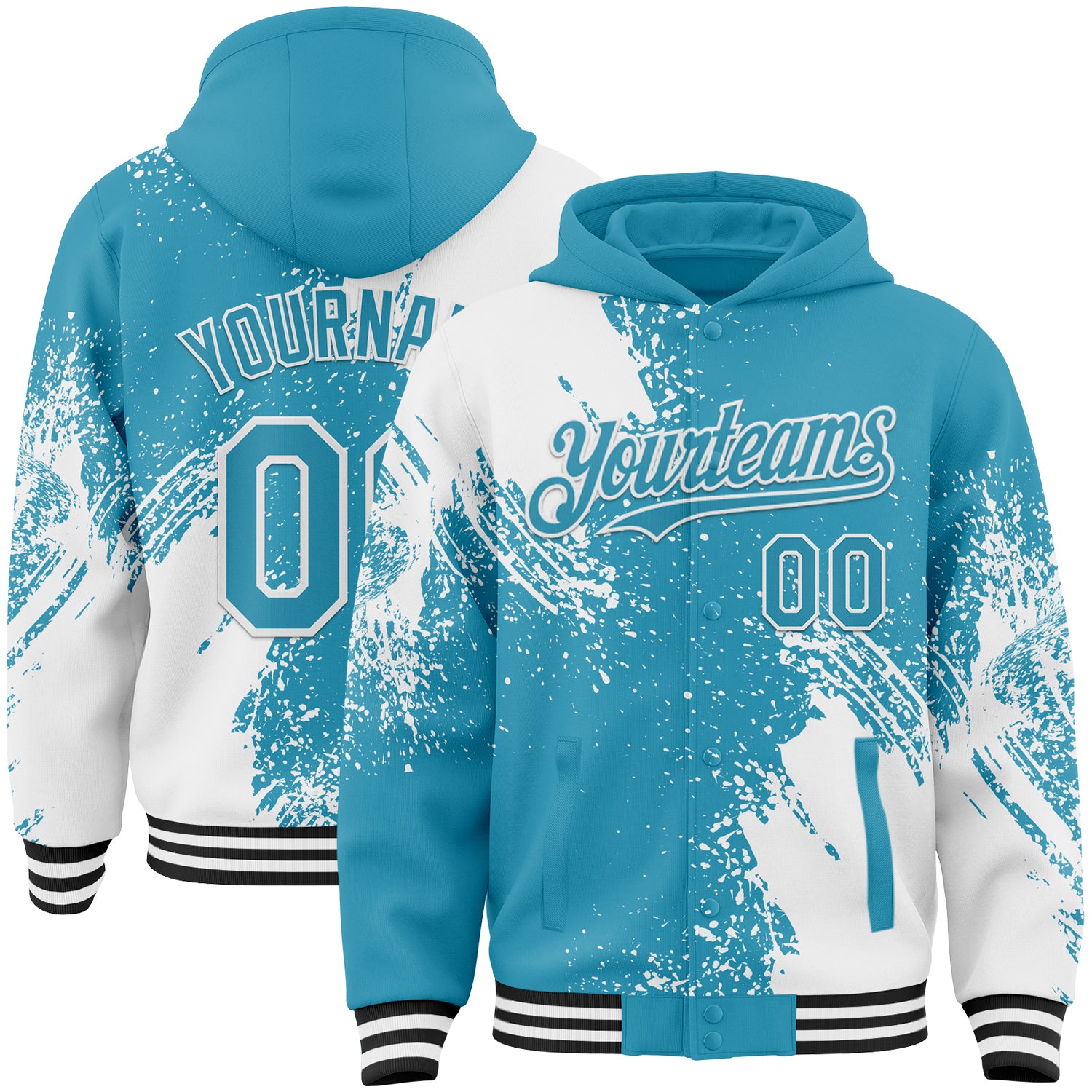 Custom Panther Blue White-Black Abstract Brush Stroke 3D Pattern Design Bomber Full-Snap Varsity Letterman Hoodie Jacket