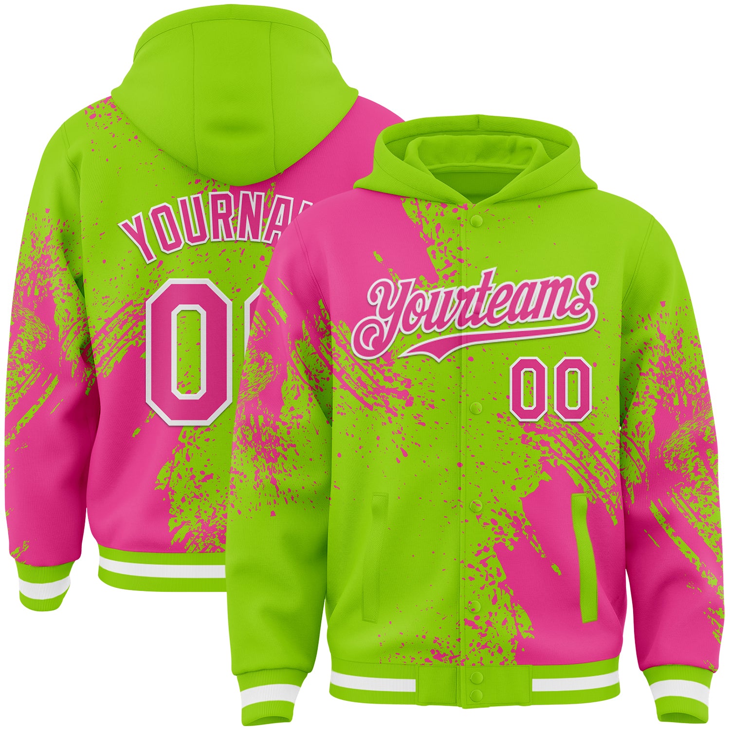 FansIdea Custom Neon Green Pink-White Abstract Brush Stroke 3D Pattern Design Bomber Full-Snap Varsity Letterman Hoodie Jacket - $38.99 at Proof Eyewear