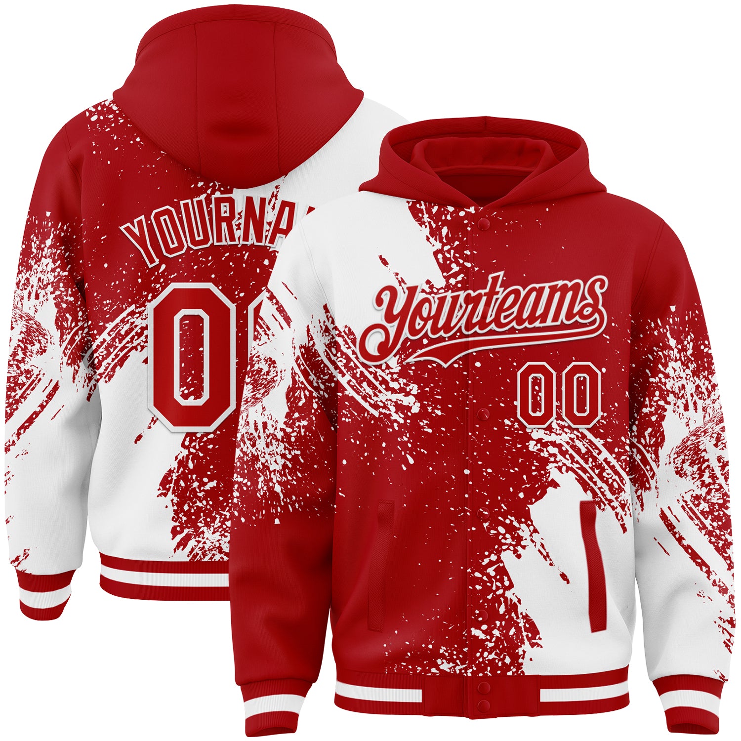 Custom Red White Abstract Brush Stroke 3D Pattern Design Bomber Full-Snap Varsity Letterman Hoodie Jacket