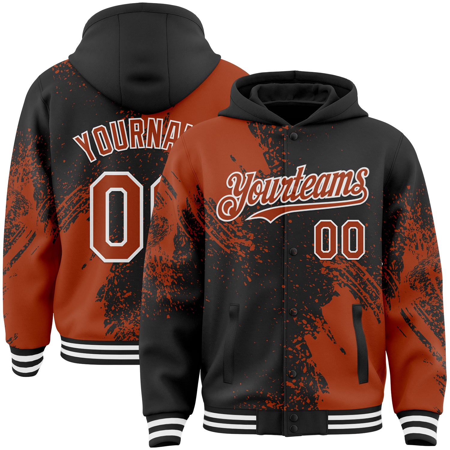 FansIdea Custom Black Texas Orange-White Abstract Brush Stroke 3D Pattern Design Bomber Full-Snap Varsity Letterman Hoodie Jacket - $38.99 at Proof Eyewear