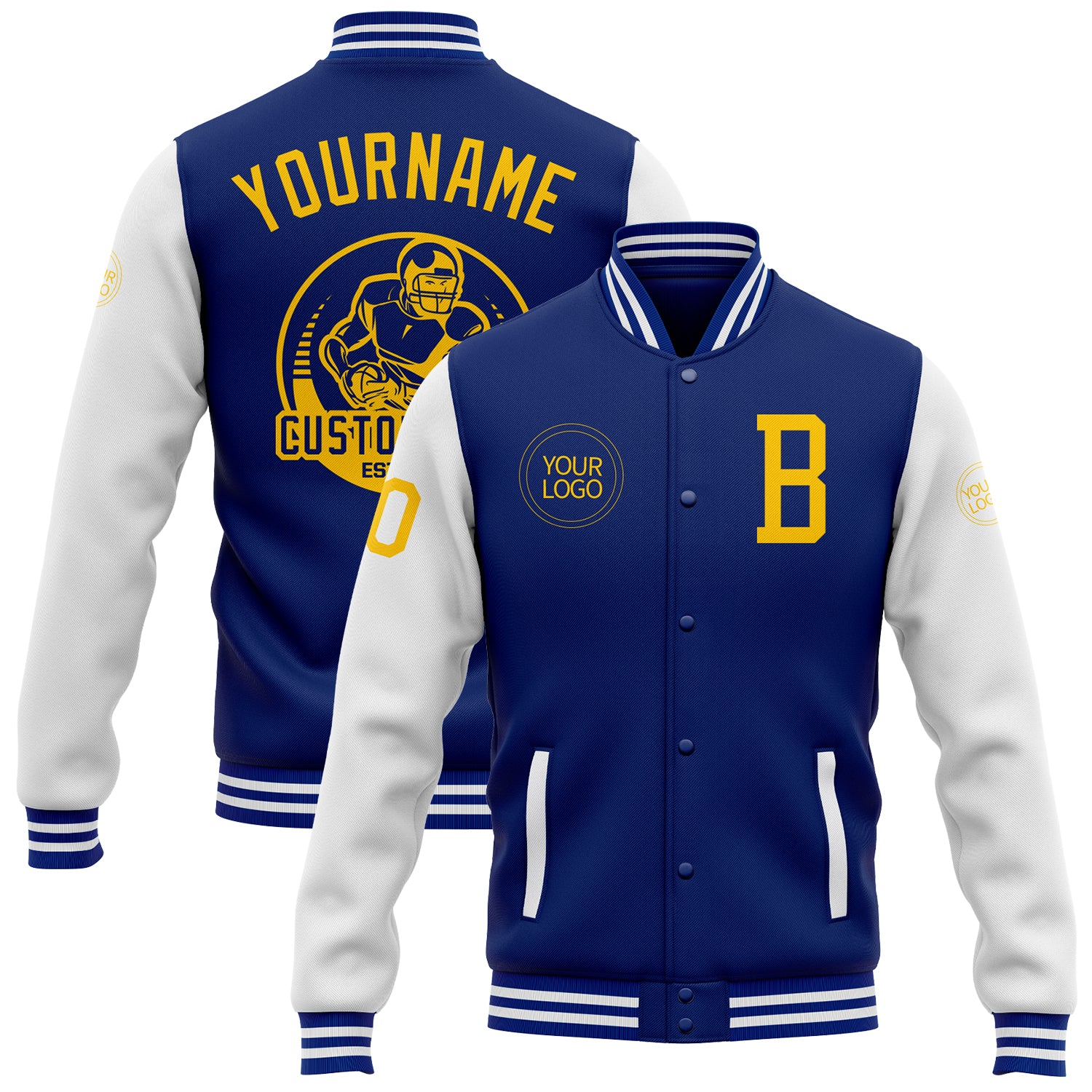 FansIdea Custom Royal Yellow-White Bomber Full-Snap Varsity Letterman Two Tone Jacket - $38.99 at Proof Eyewear