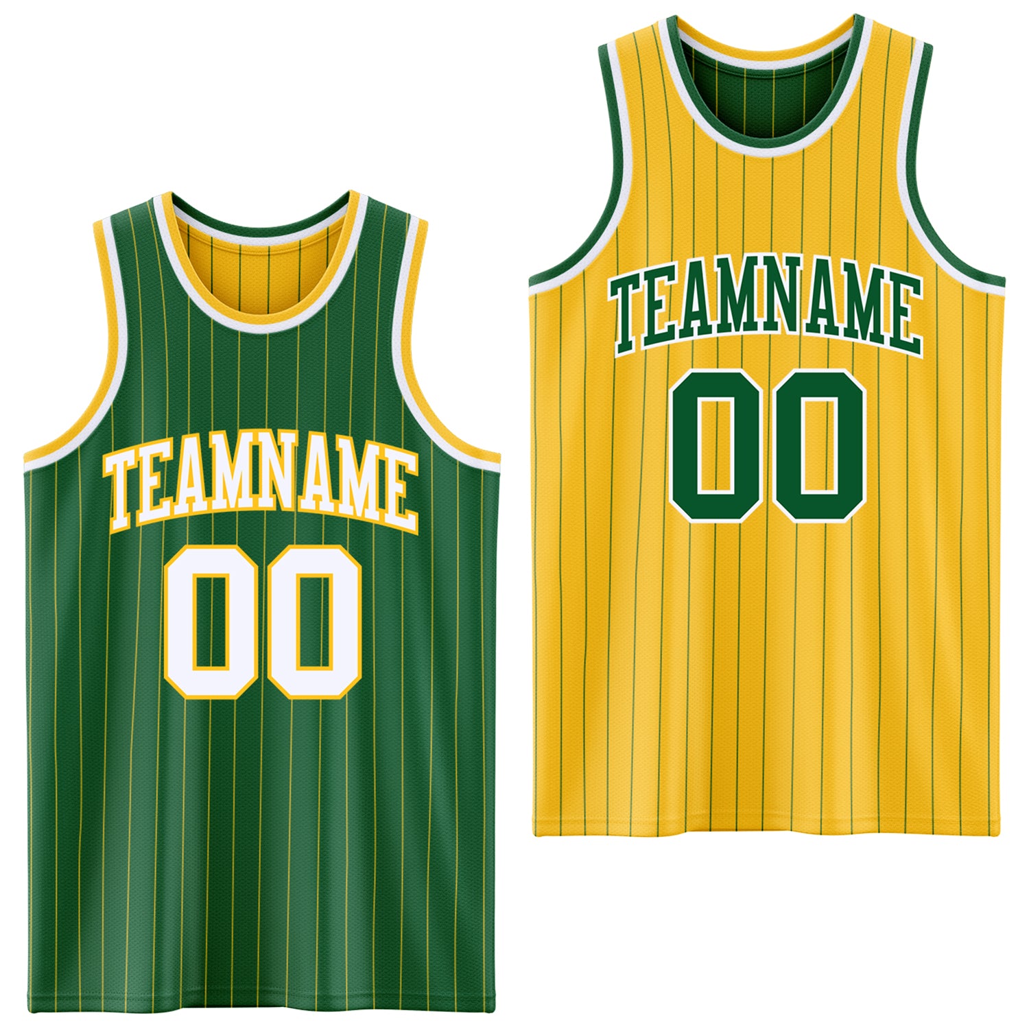 FansIdea Custom Kelly Green Gold Pinstripe-White Reversible Double Side Sublimation Basketball Set Jersey - $17.99 at Proof Eyewear
