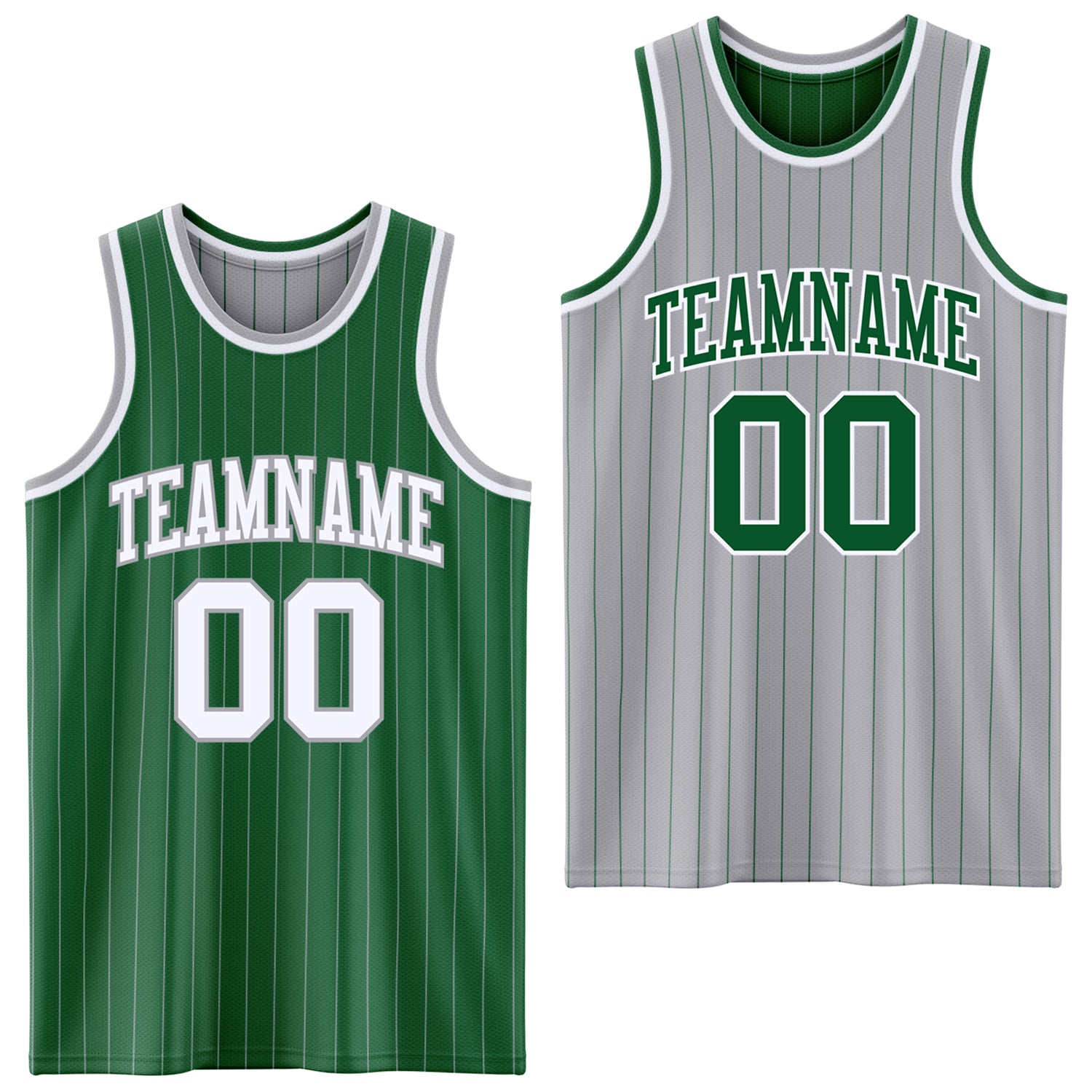 FansIdea Custom Kelly Green Gray Pinstripe-White Reversible Double Side Sublimation Basketball Set Jersey - $17.99 at Proof Eyewear