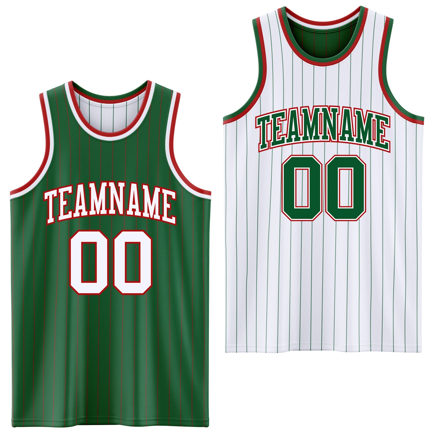 FansIdea Custom Kelly Green Red Pinstripe-White Reversible Double Side Sublimation Basketball Set Jersey - $17.99 at Proof Eyewear