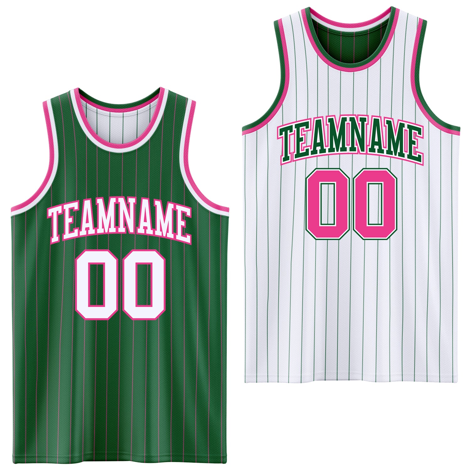 FansIdea Custom Kelly Green Pink Pinstripe-White Reversible Double Side Sublimation Basketball Set Jersey - $17.99 at Proof Eyewear
