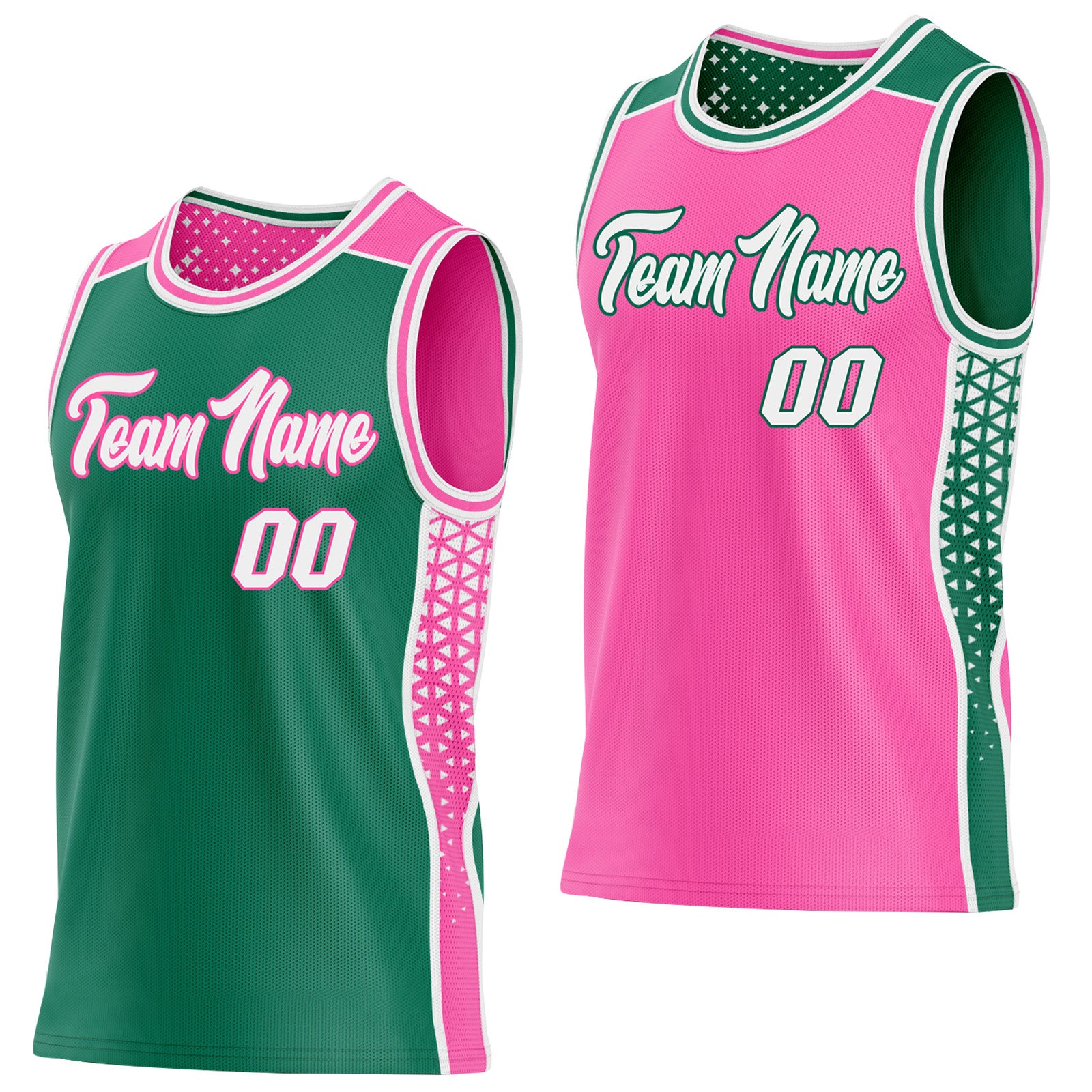 FansIdea Custom Kelly Green White-Pink Side Panel Stripe Geometric Triangle Gradient Dot Reversible Double Side Sublimation Basketball Set Jersey - $17.99 at Proof Eyewear