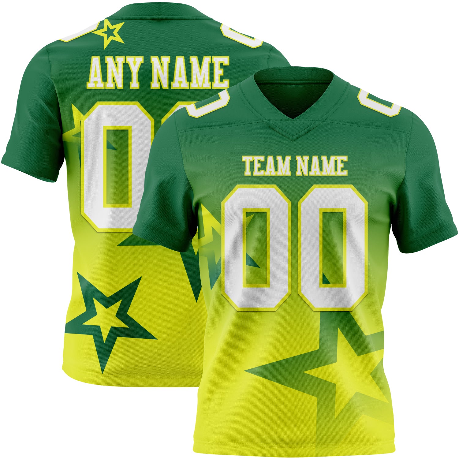 FansIdea Custom Kelly Green White-Neon Yellow Authentic Gradient Style Twinkle Star Football Jersey - $19.99 at Proof Eyewear