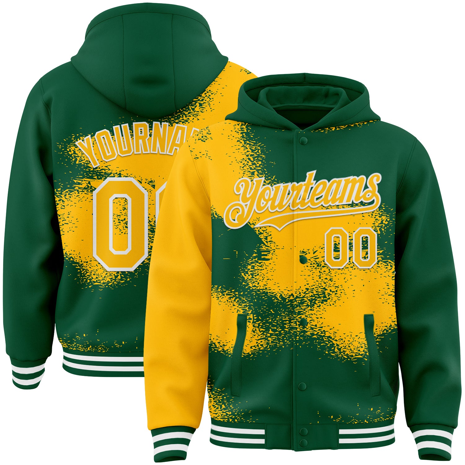 FansIdea Custom Kelly Green Gold-White Abstract Color Blocks Fragment Pattern Bomber Full-Snap Varsity Letterman Hoodie Jacket - $38.99 at Proof Eyewear