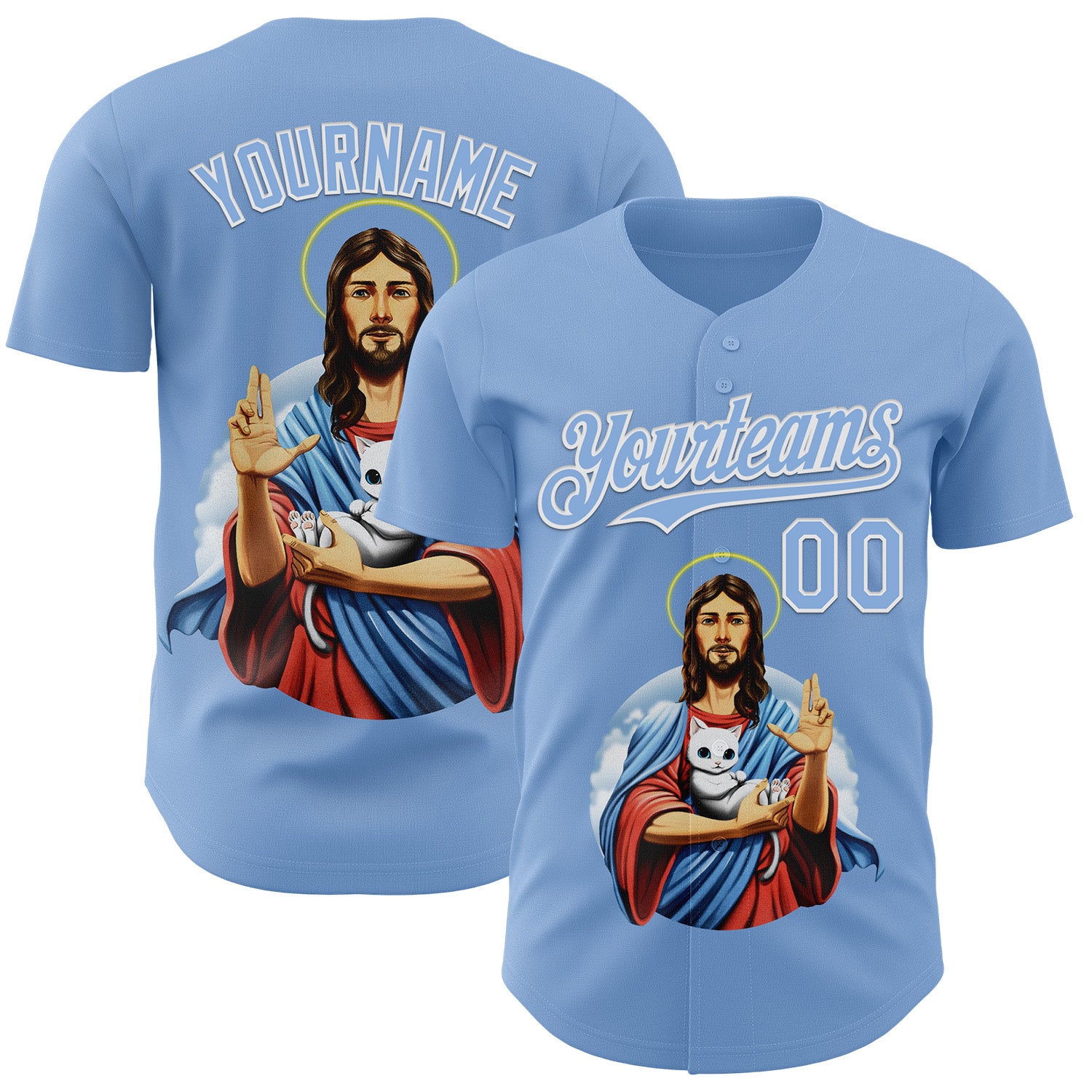 Fansidea-group-collabs Custom Light Blue Light Blue-White 3D Tobe Fonseca Jesus Cat Authentic Baseball Jersey - $34.99 at Proof Eyewear