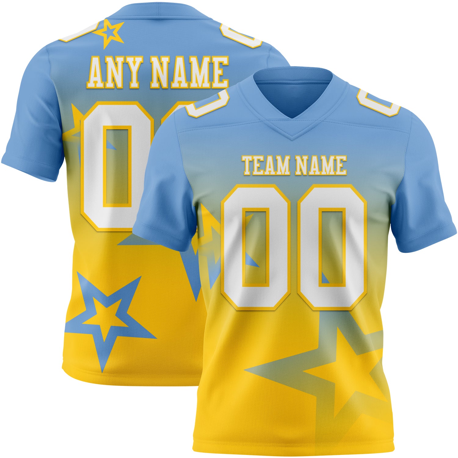 FansIdea Custom Light Blue White-Yellow Authentic Gradient Style Twinkle Star Football Jersey - $19.99 at Proof Eyewear
