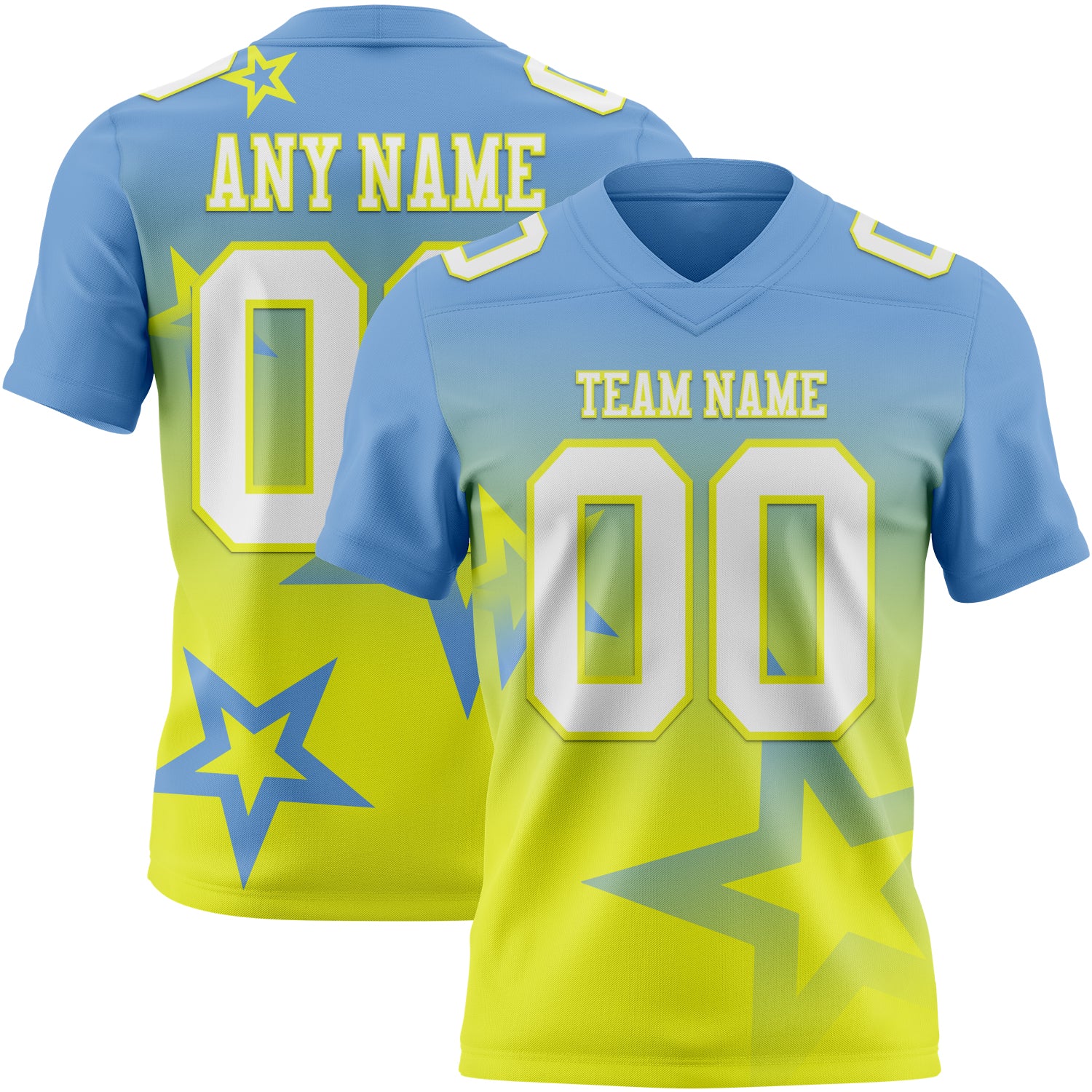 FansIdea Custom Light Blue White-Neon Yellow Authentic Gradient Style Twinkle Star Football Jersey - $19.99 at Proof Eyewear